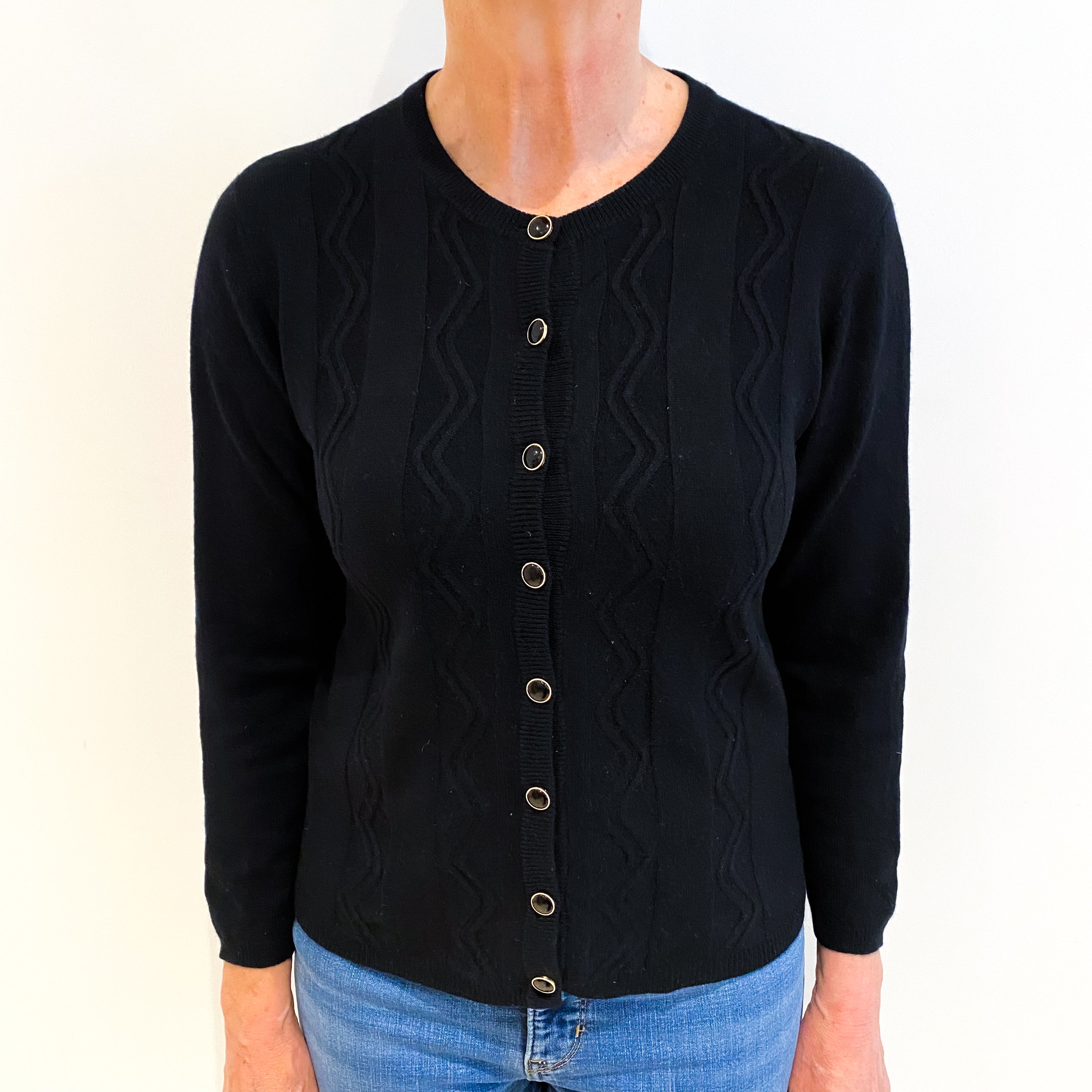 Black Cashmere Crew Neck Textured Knit Cardigan Medium