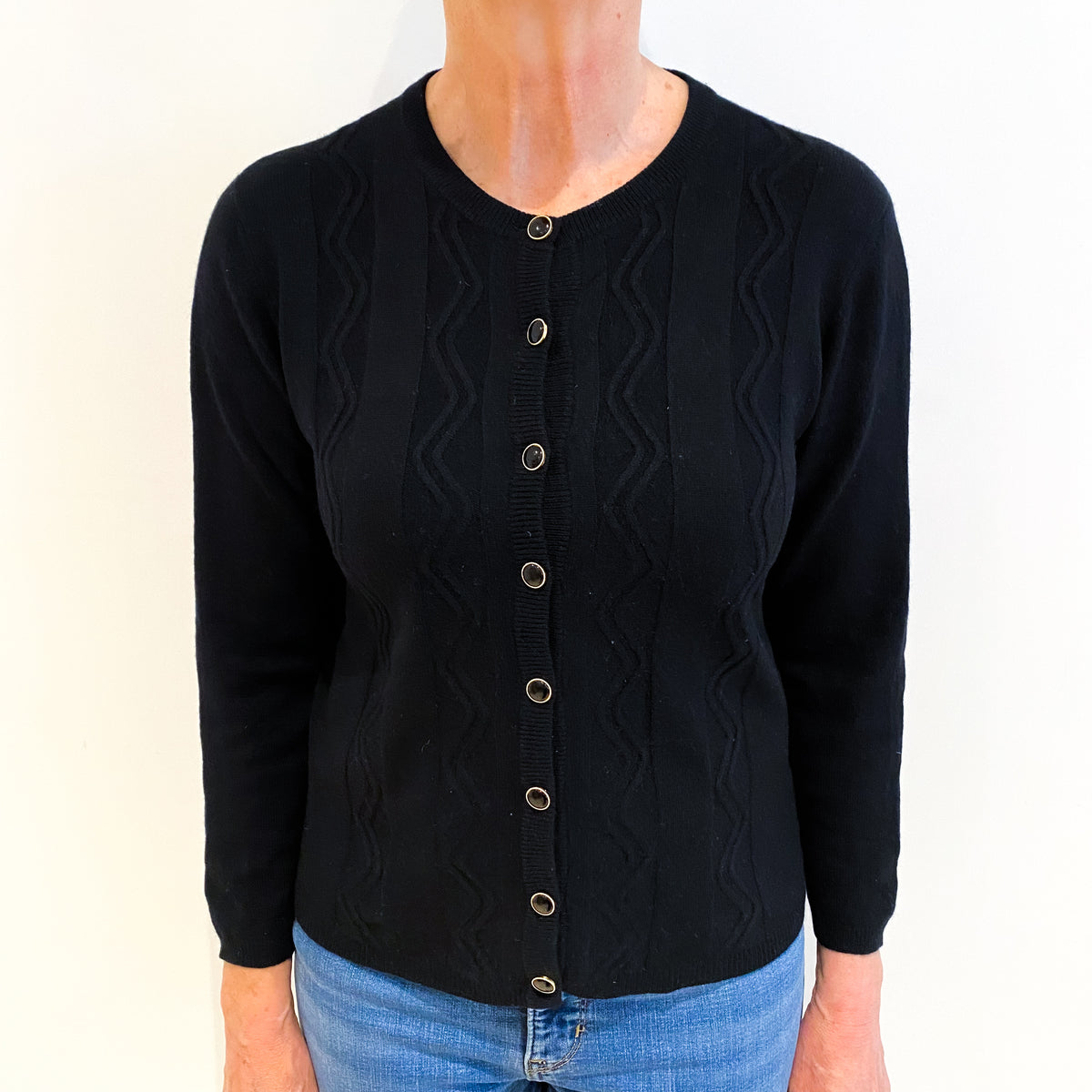 Black Cashmere Crew Neck Textured Knit Cardigan Medium