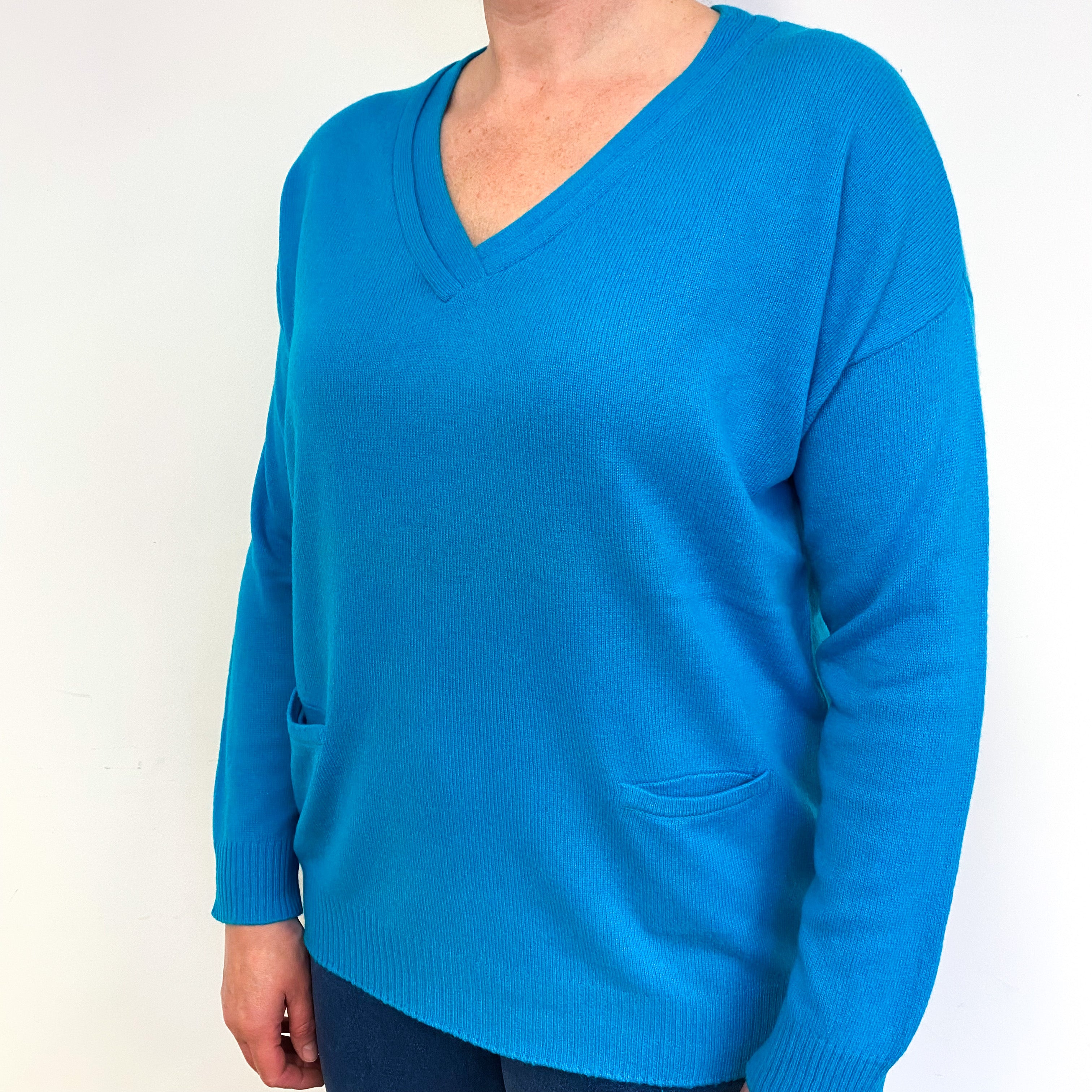 Turquoise Blue Cashmere V-Neck Jumper Large