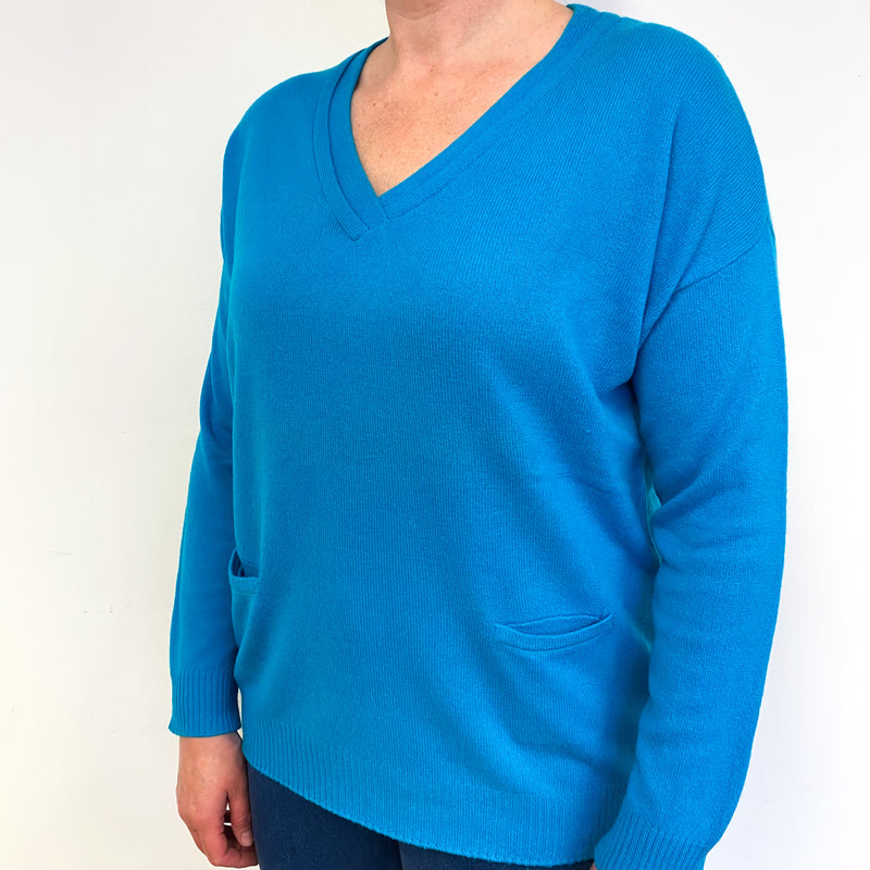 Turquoise Blue Cashmere V-Neck Jumper Large