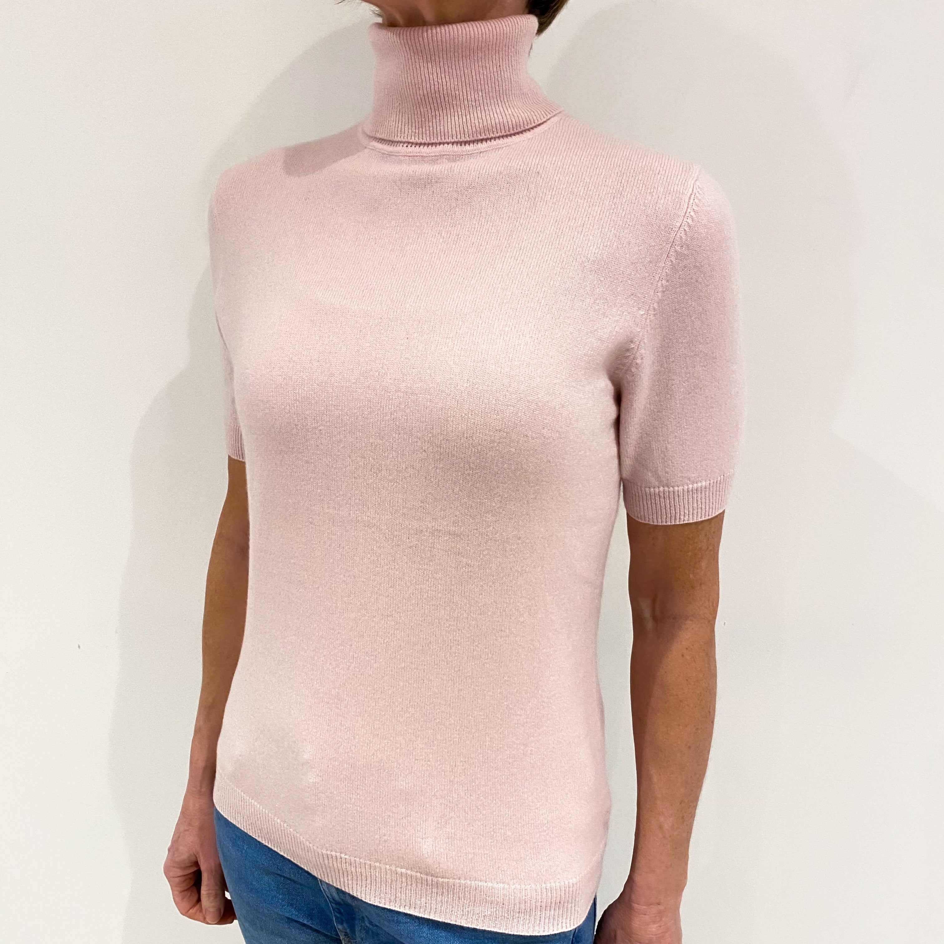 Ice Pink Cashmere Short Sleeved Polo Neck Jumper Small