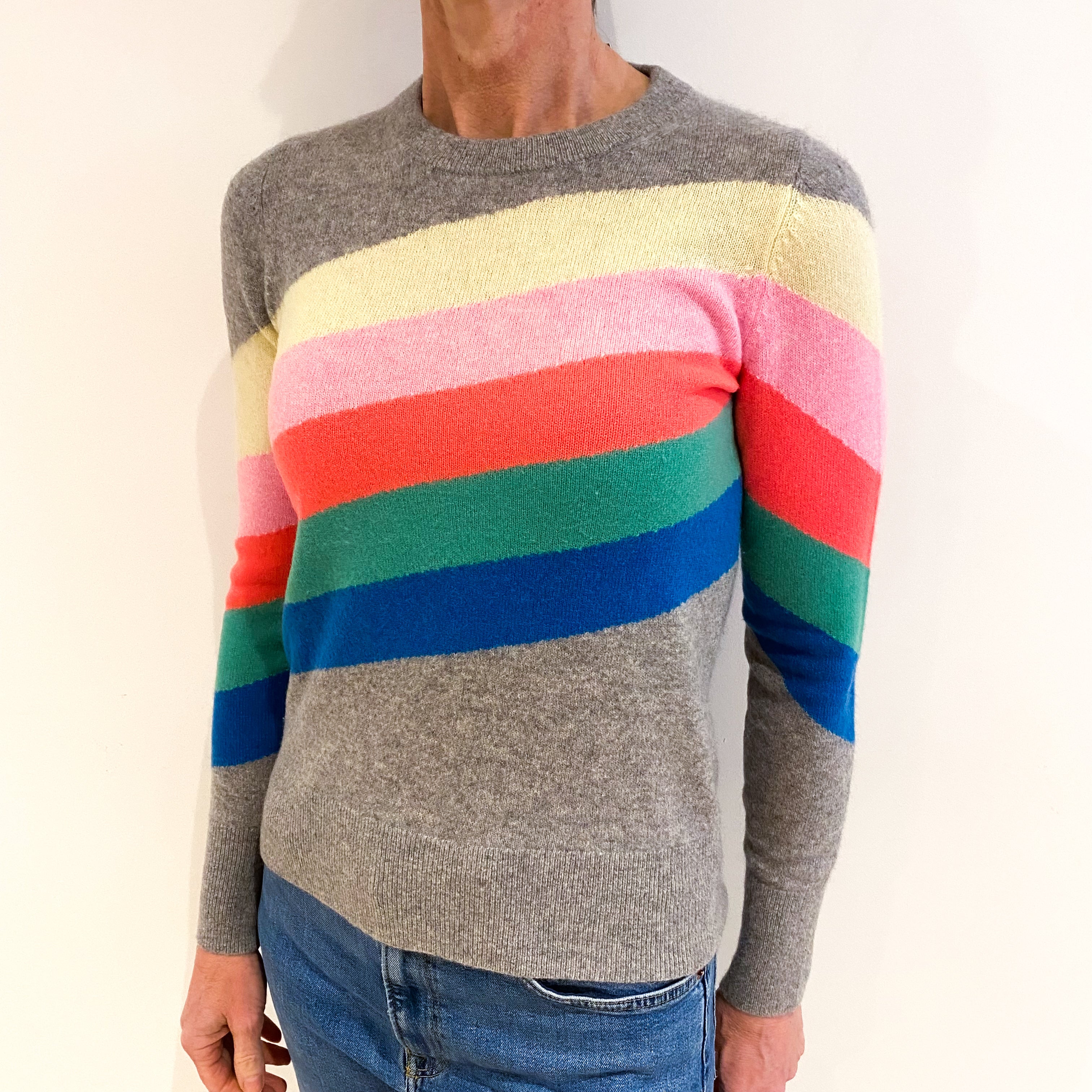 Smoke Grey Rainbow Cashmere Crew Neck Jumper Small