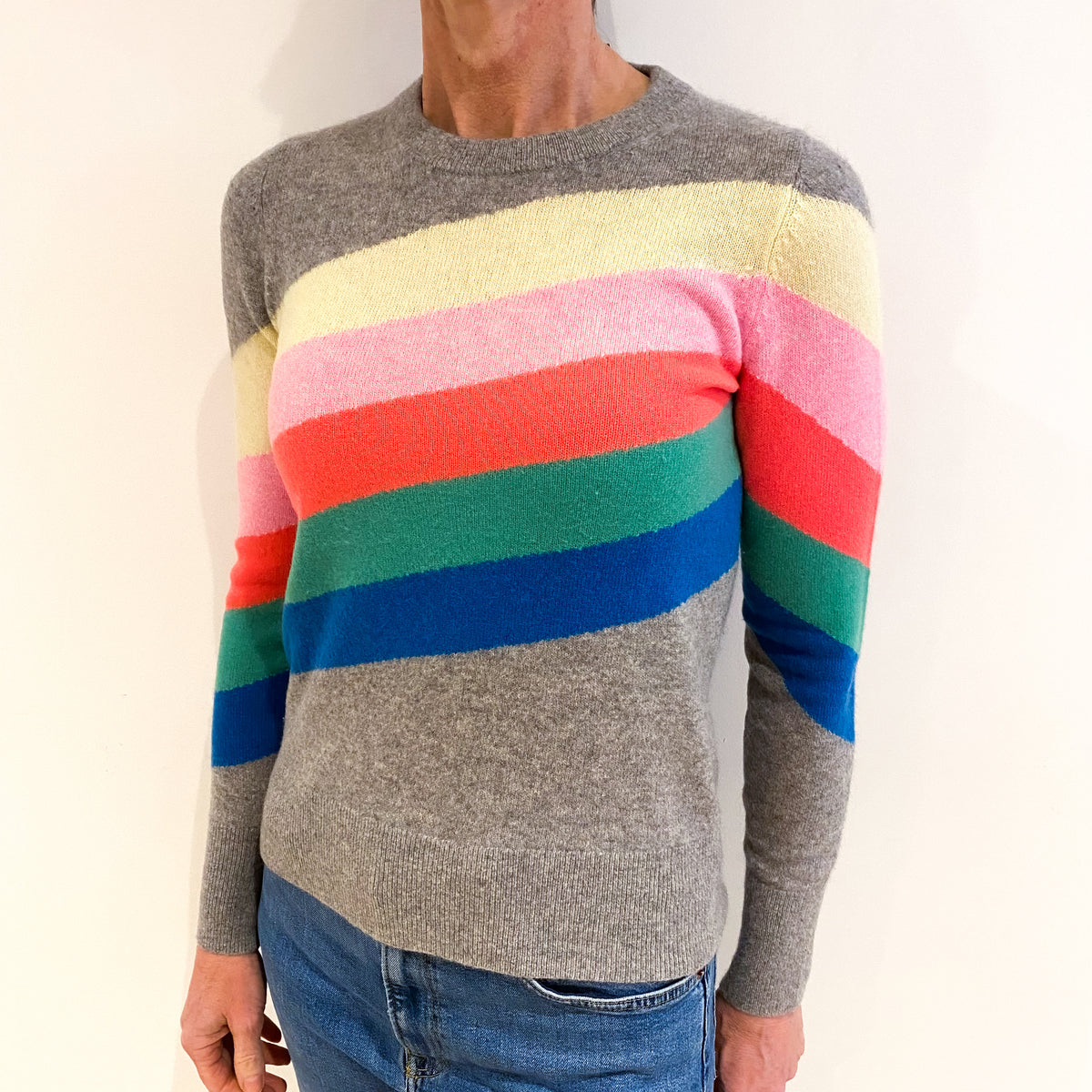 Smoke Grey Rainbow Cashmere Crew Neck Jumper Small