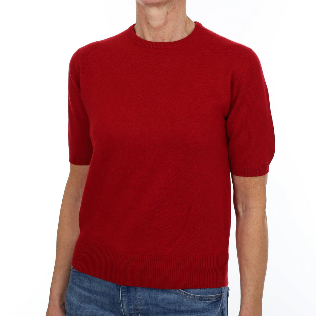 Crimson Red Cashmere Crew Neck Short Sleeved Jumper Small