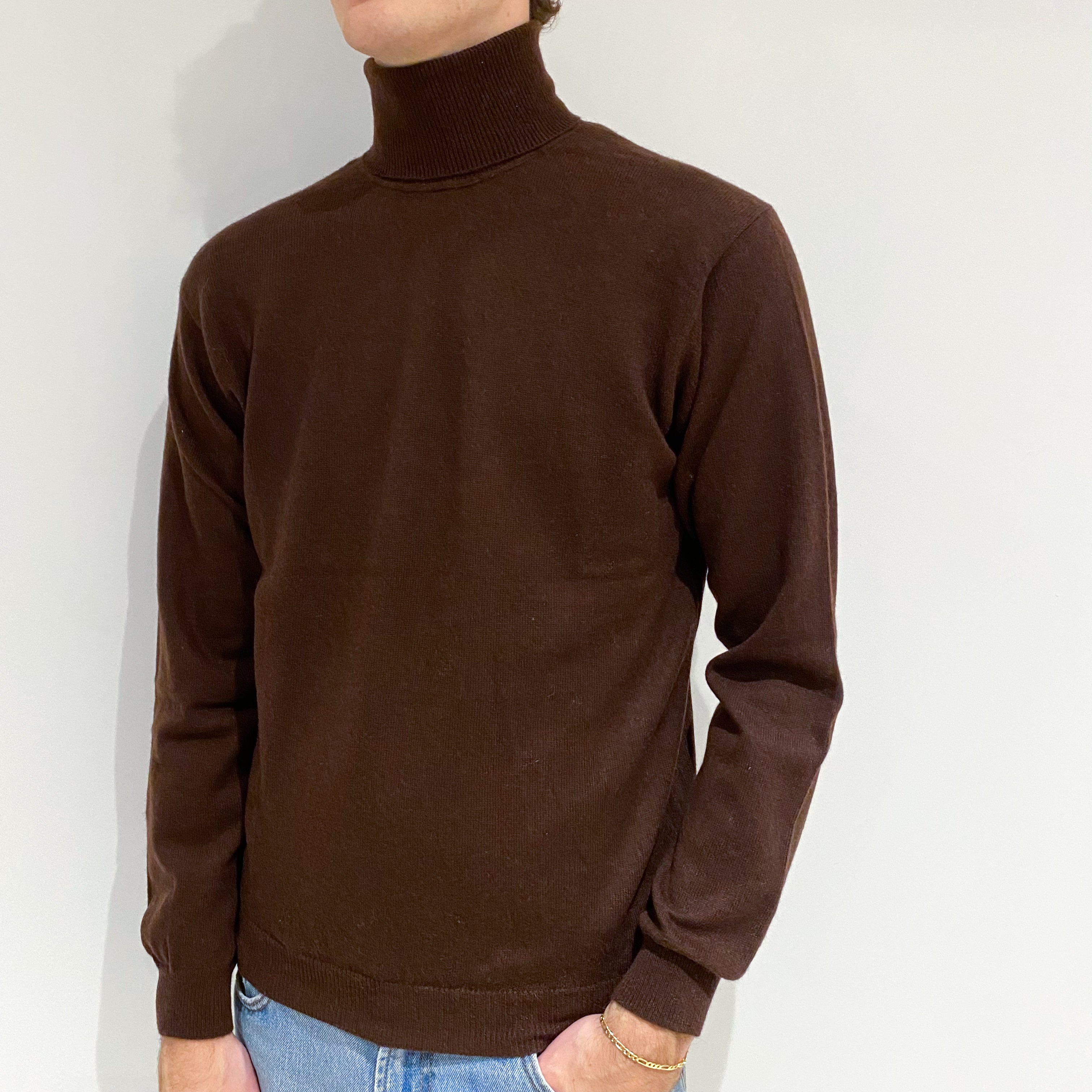 Men's Chocolate Brown Cashmere Polo Neck Jumper Large