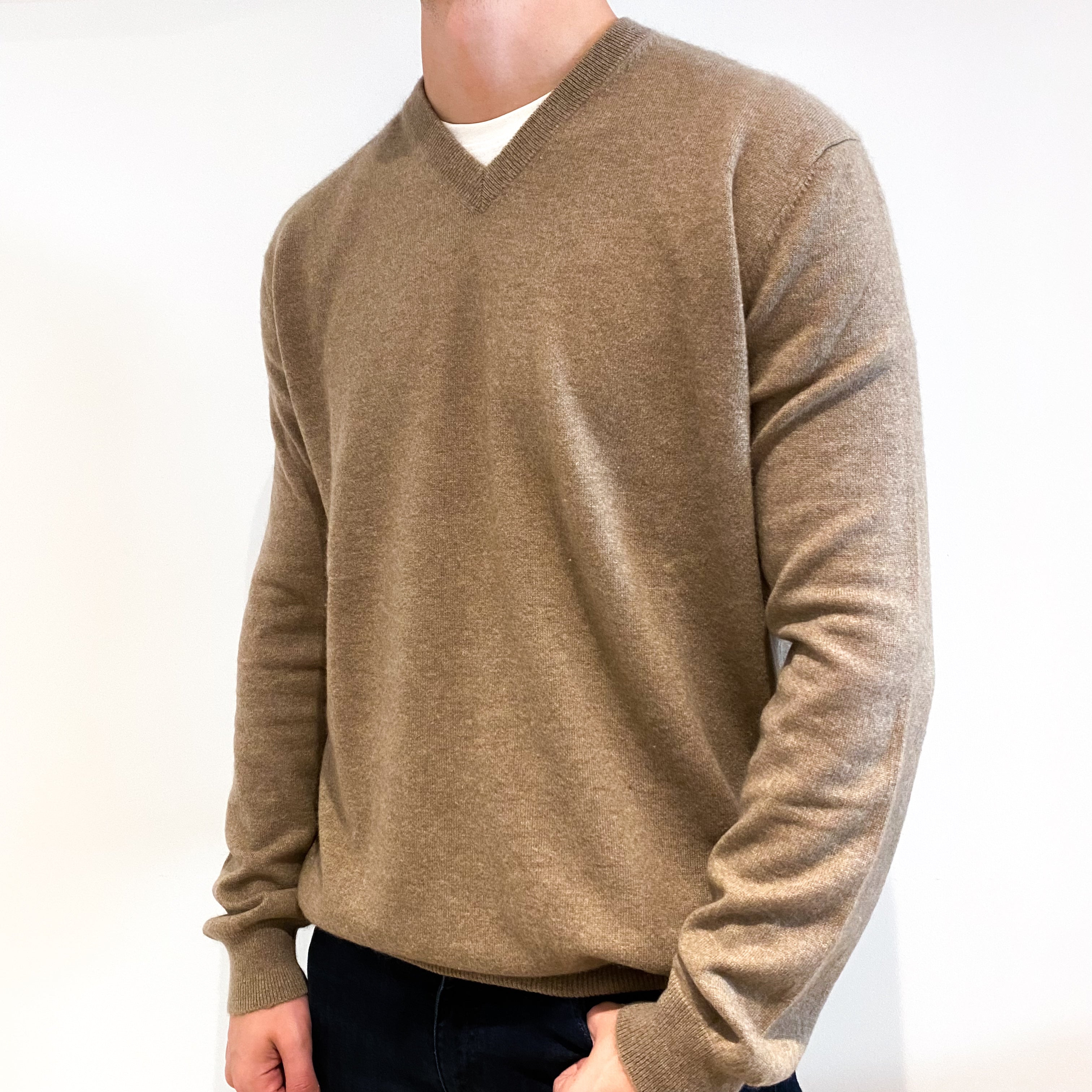 Men's Taupe Brown Cashmere V-Neck Jumper Extra Large