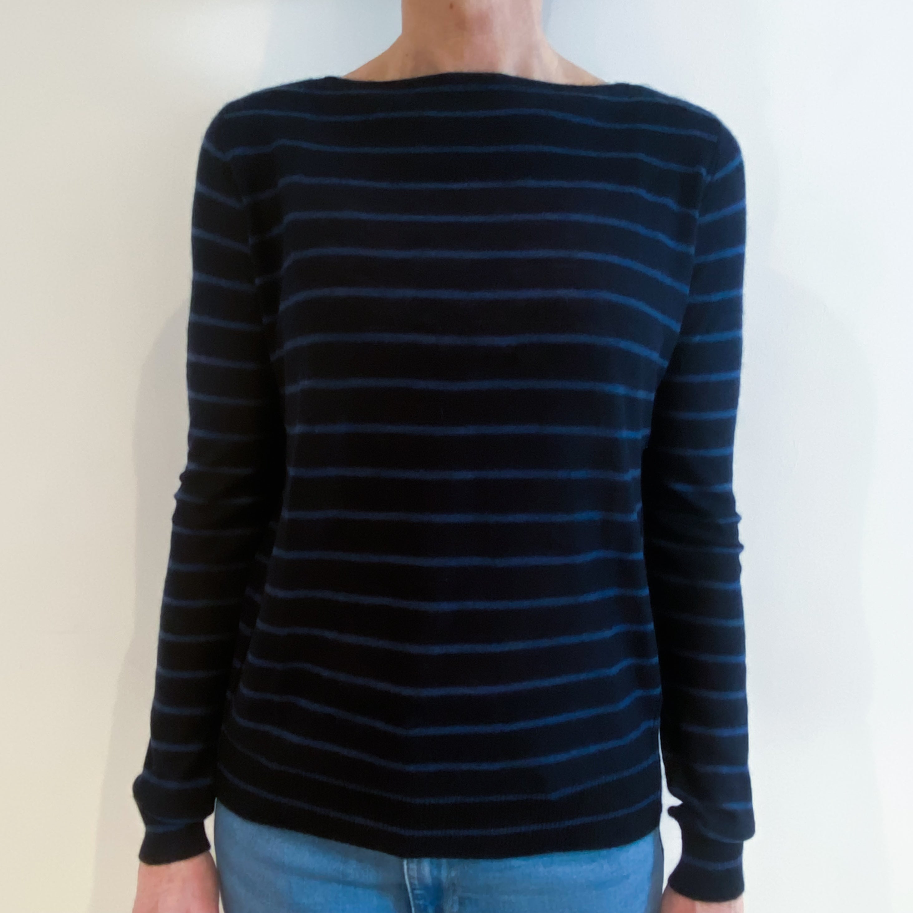 Dark Navy and Navy Striped Lightweight Cashmere Boat Neck Jumper Small