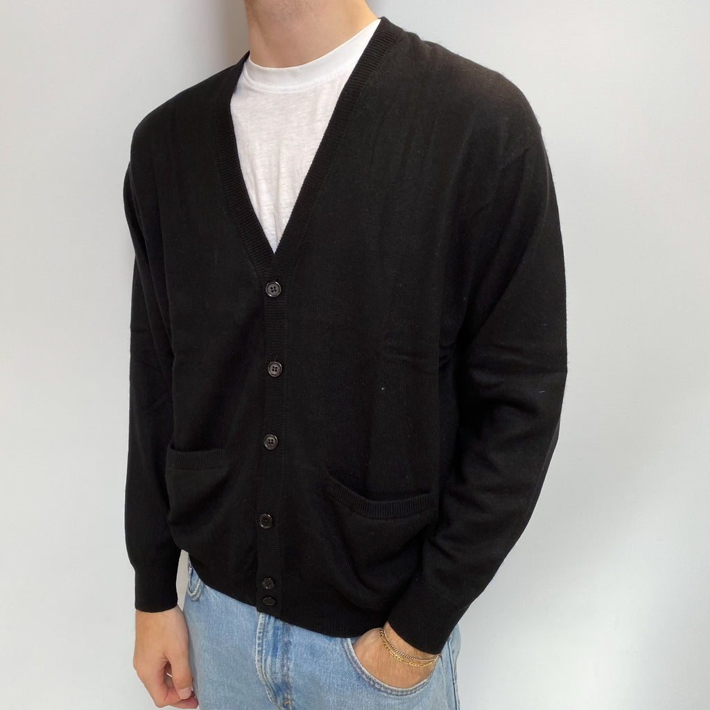 Men's Black Cashmere V Neck Cardigan  Medium
