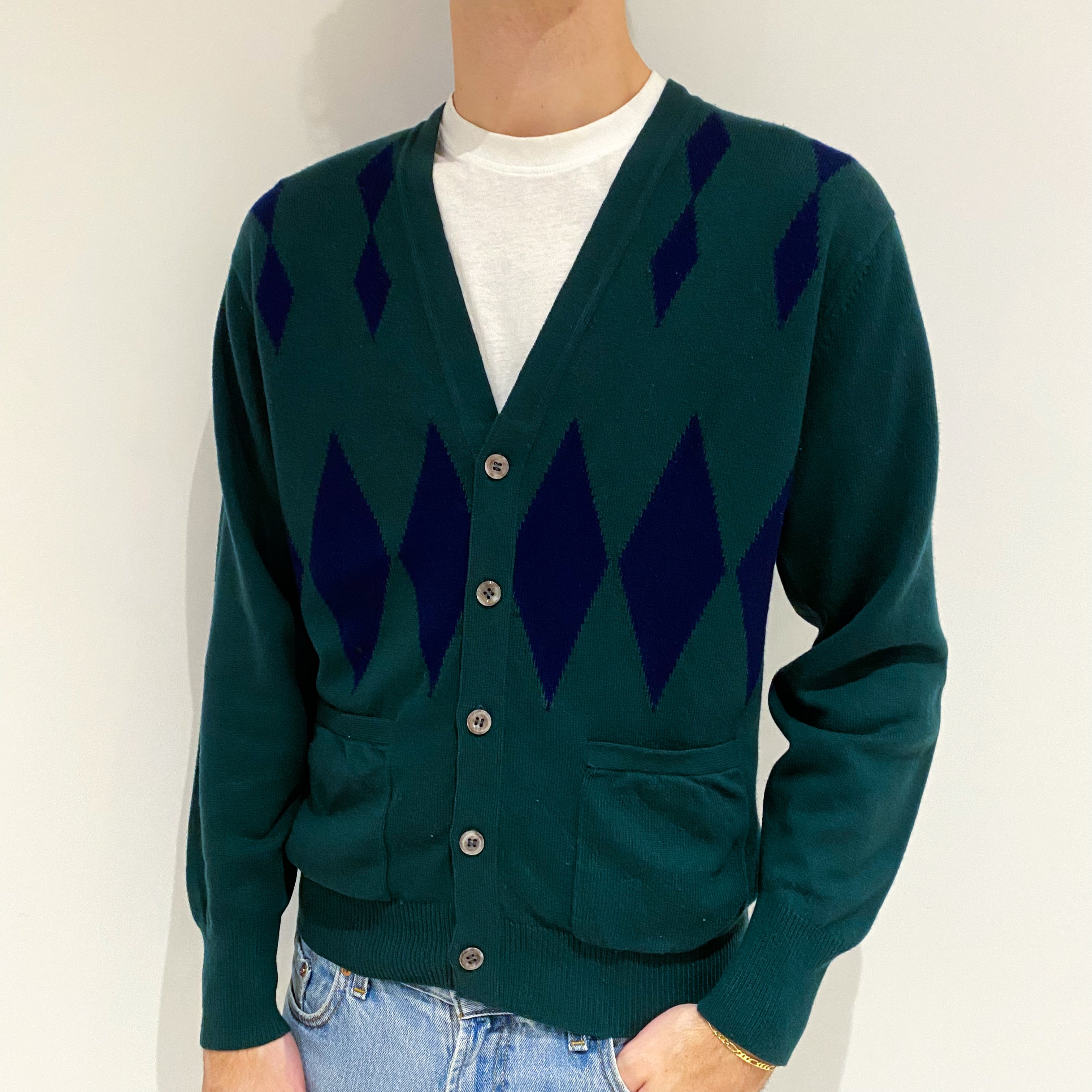 Men's Vintage Bottle Green Navy Diamond Cashmere V-Neck Cardigan Large