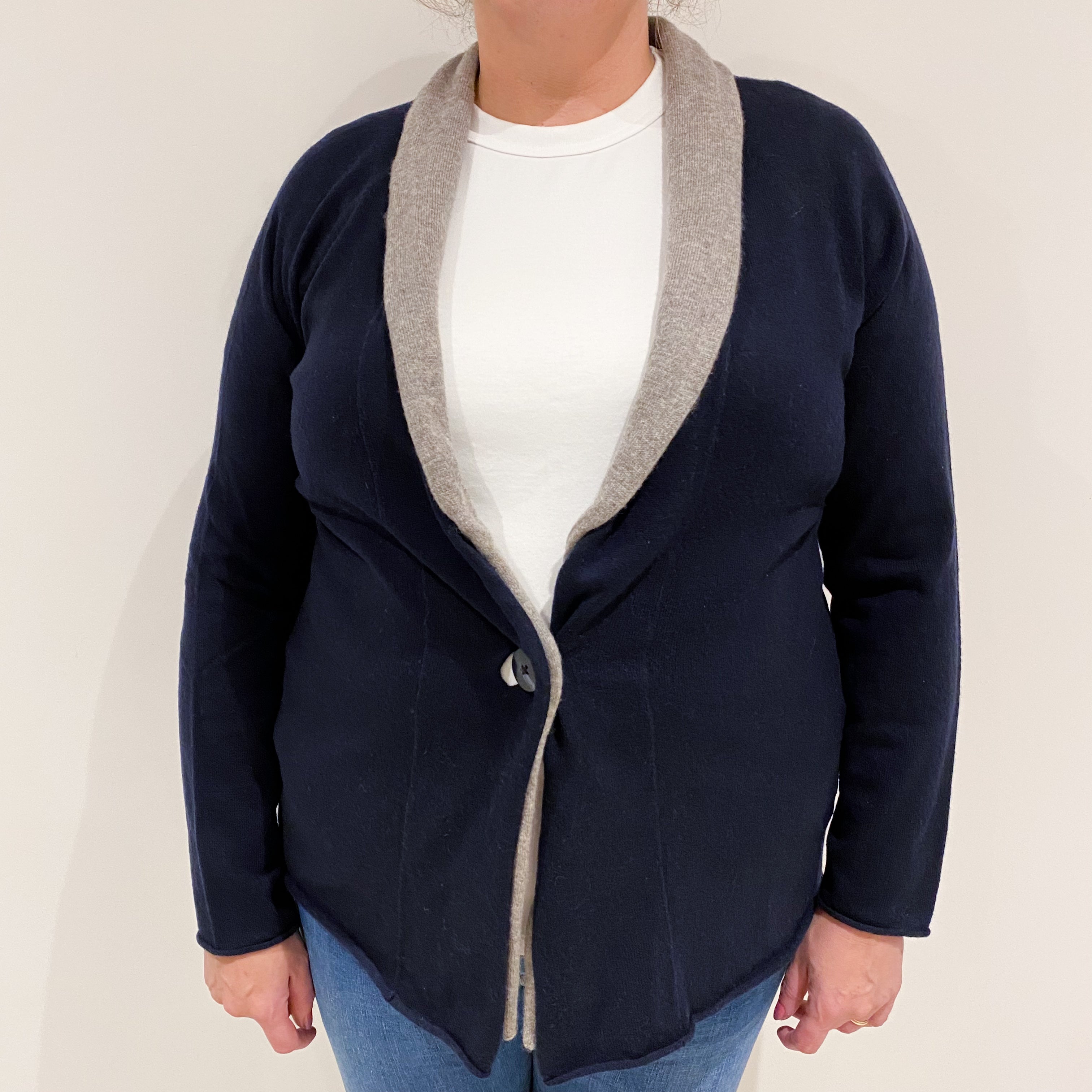 Italian Navy Blue Cashmere One Button Cardigan Extra Large