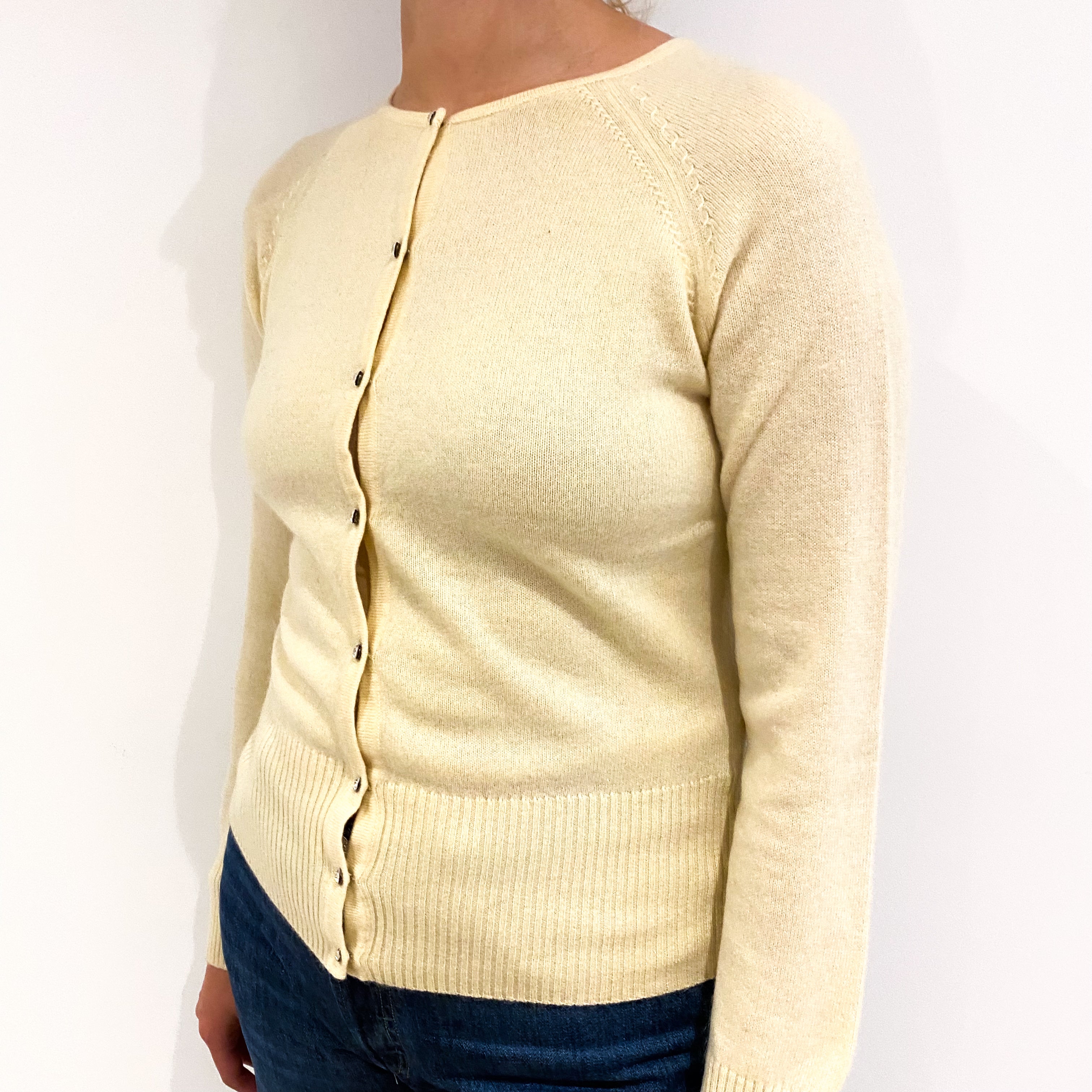 Primrose Yellow Cashmere Crew Neck Cardigan Small