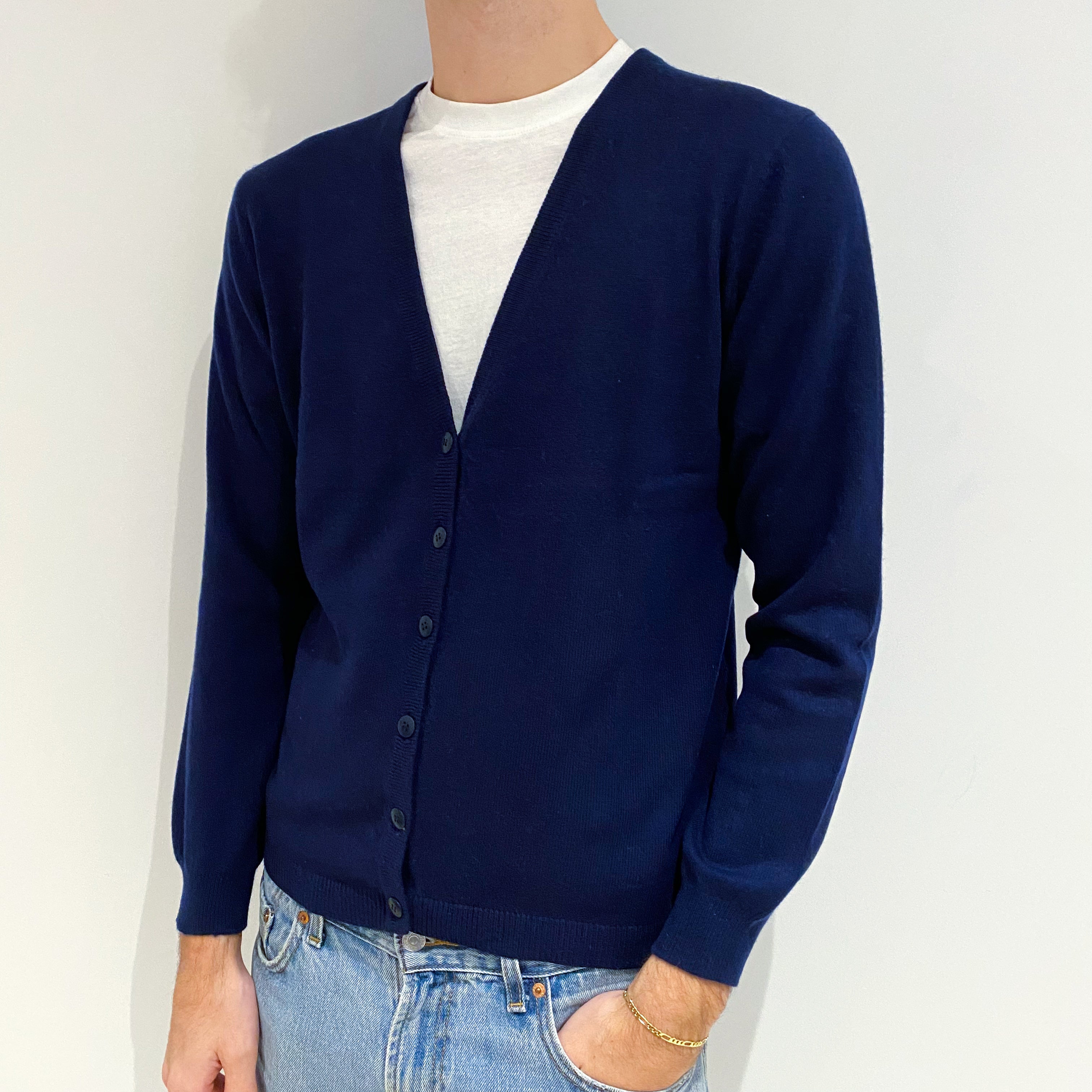 Men's Navy Blue Cashmere V-Neck Cardigan Large