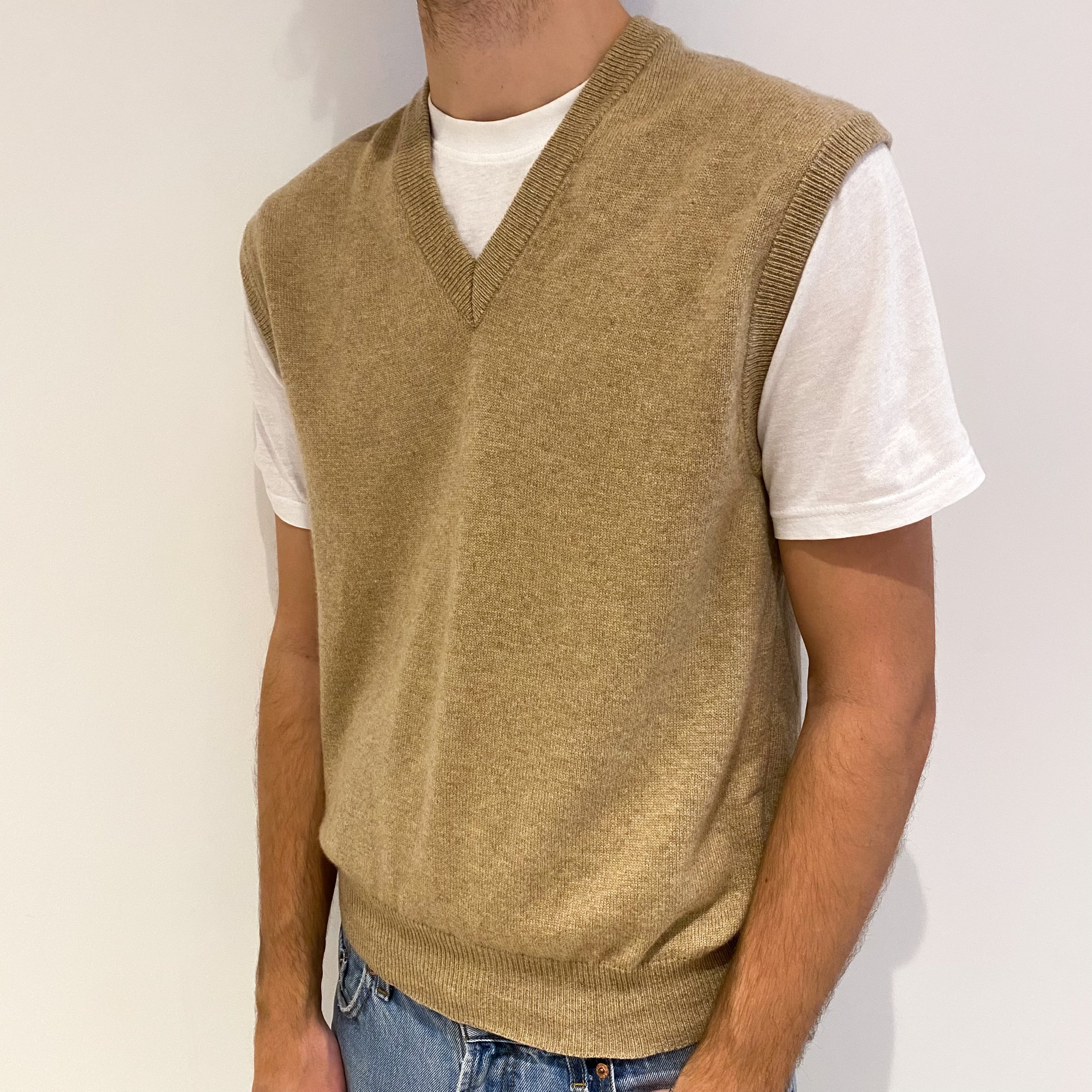 Men's Sand Beige Cashmere V Neck Tank Top Large