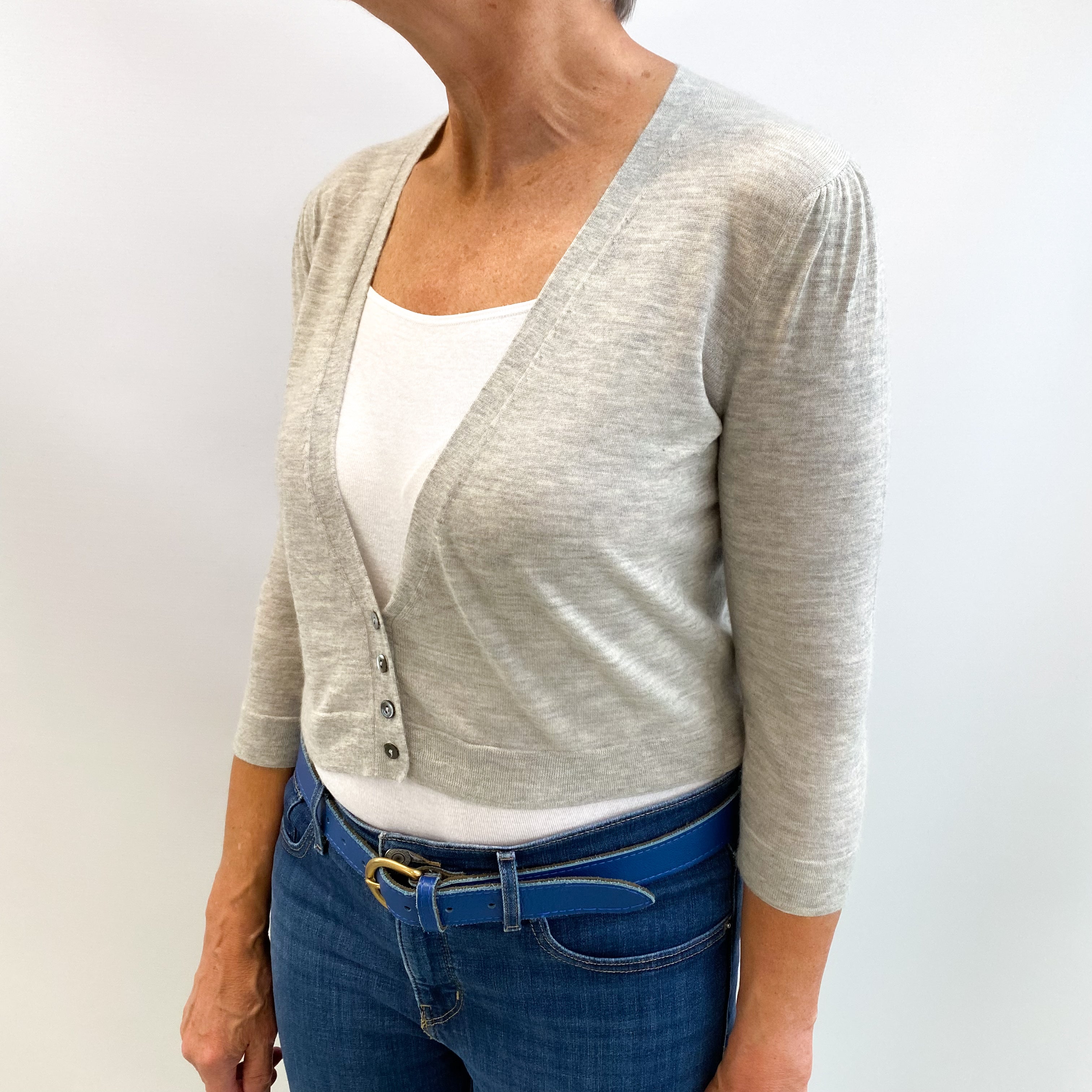 Smoke Grey Cashmere V Neck Fine Knit Cardigan Medium