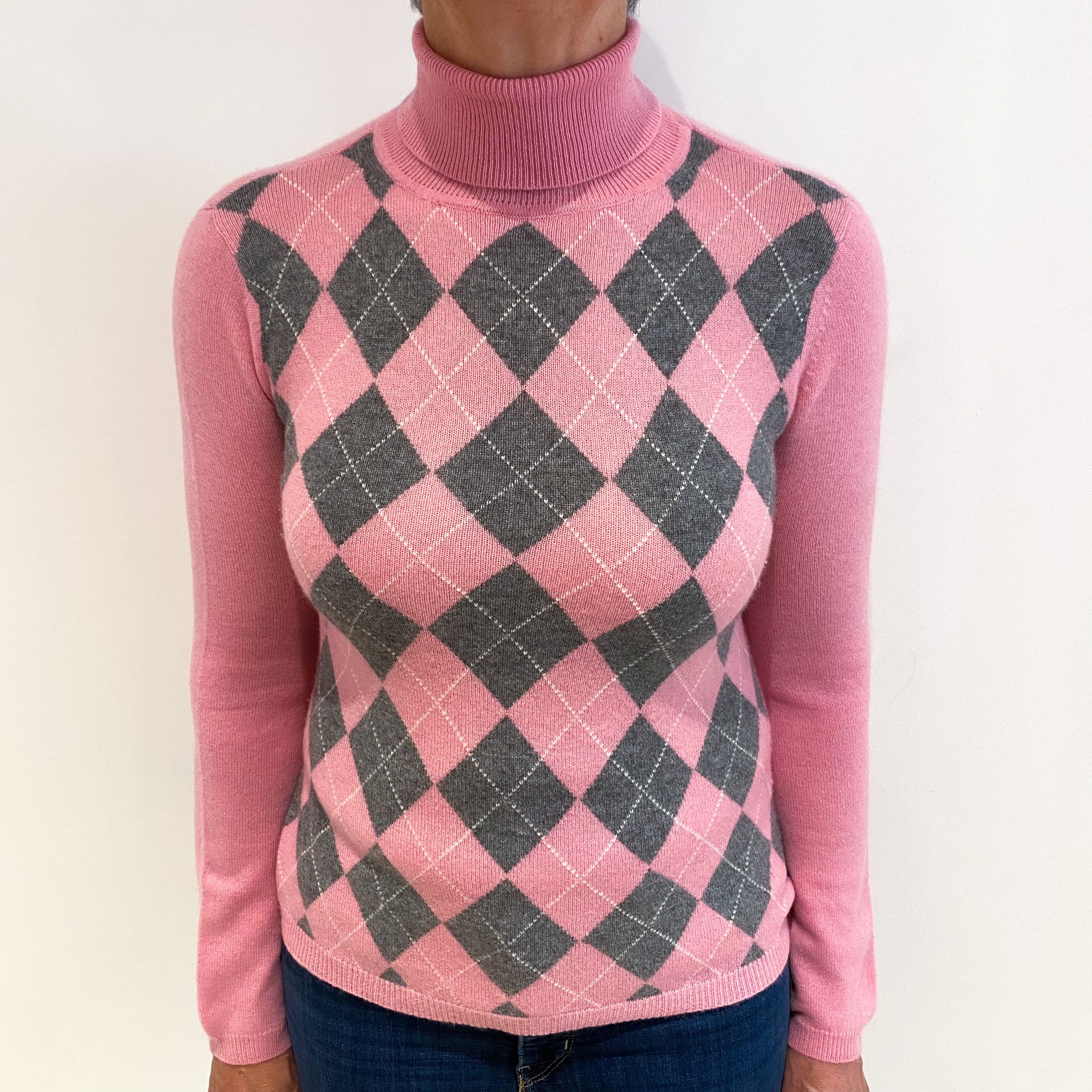 Candy Pink Grey Diamond Cashmere Polo Neck Jumper Medium