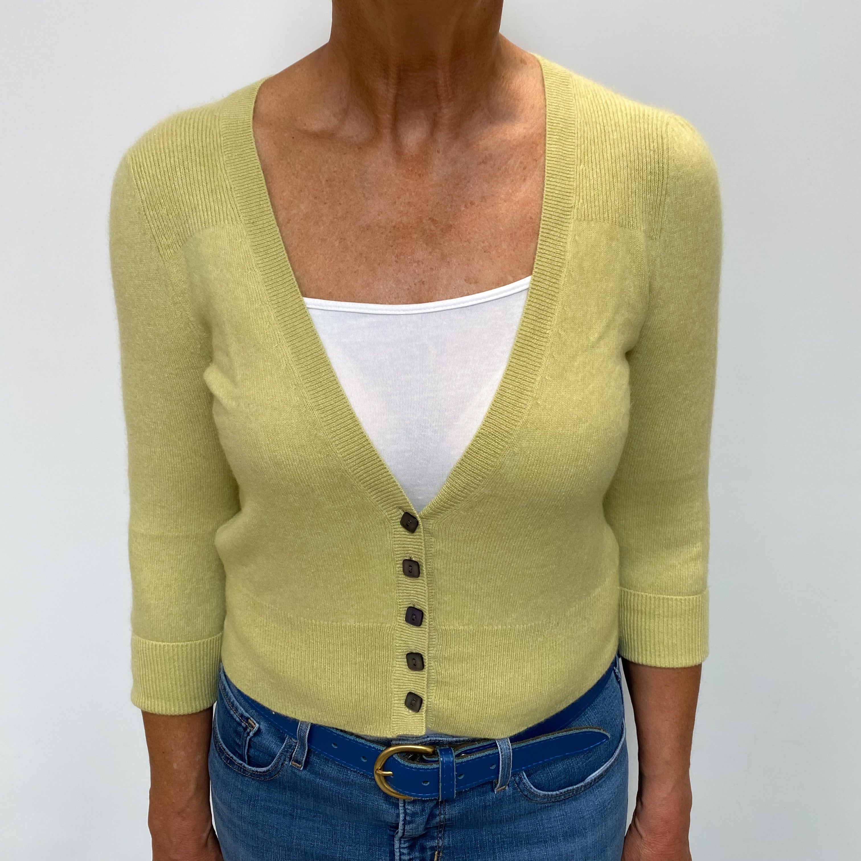 Pistachio Green Cashmere Cropped V Neck Cardigan Medium