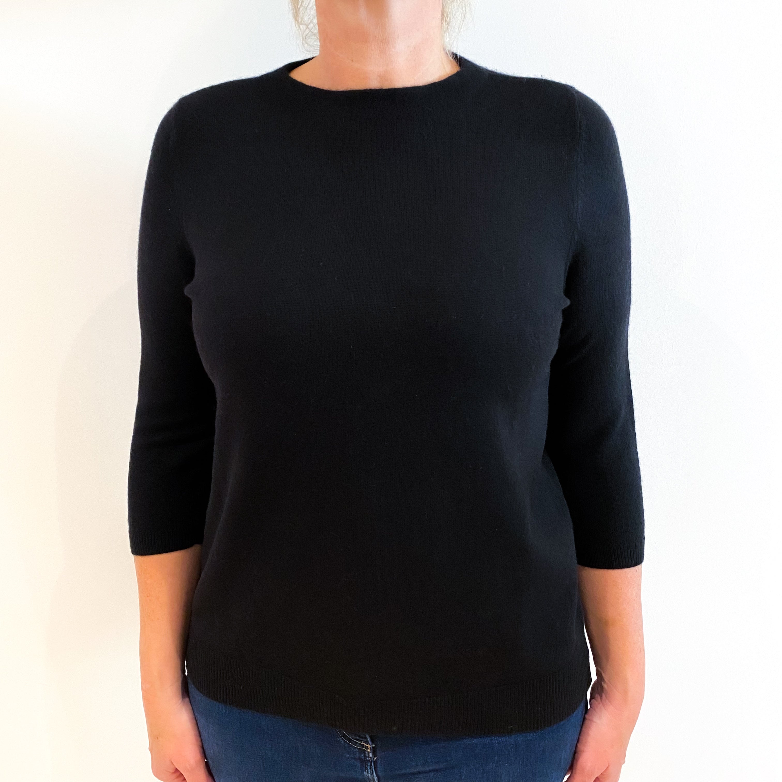 Black 3/4 Sleeved Cashmere Crew Neck Jumper Large