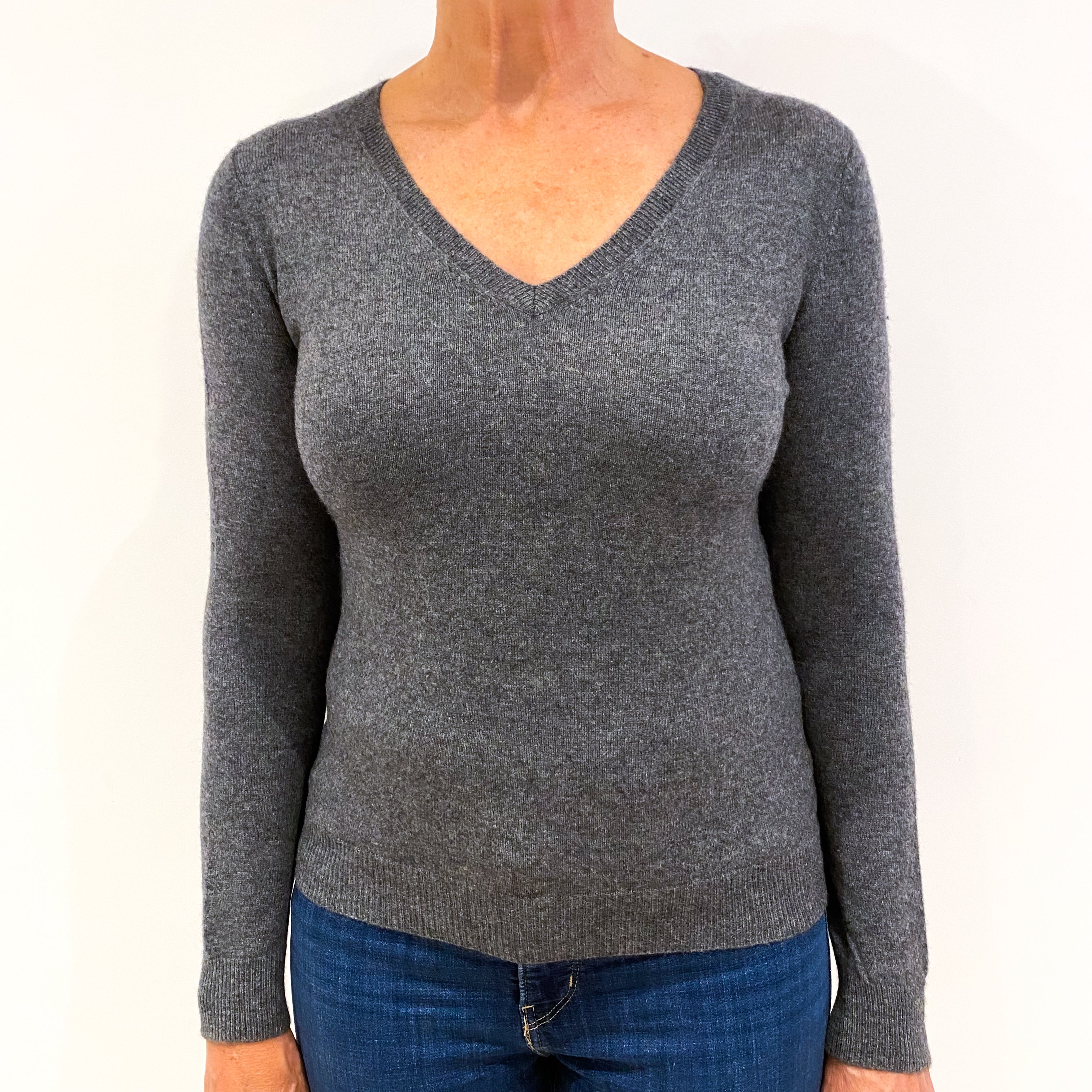 Slate Grey Cashmere V-Neck Jumper Medium