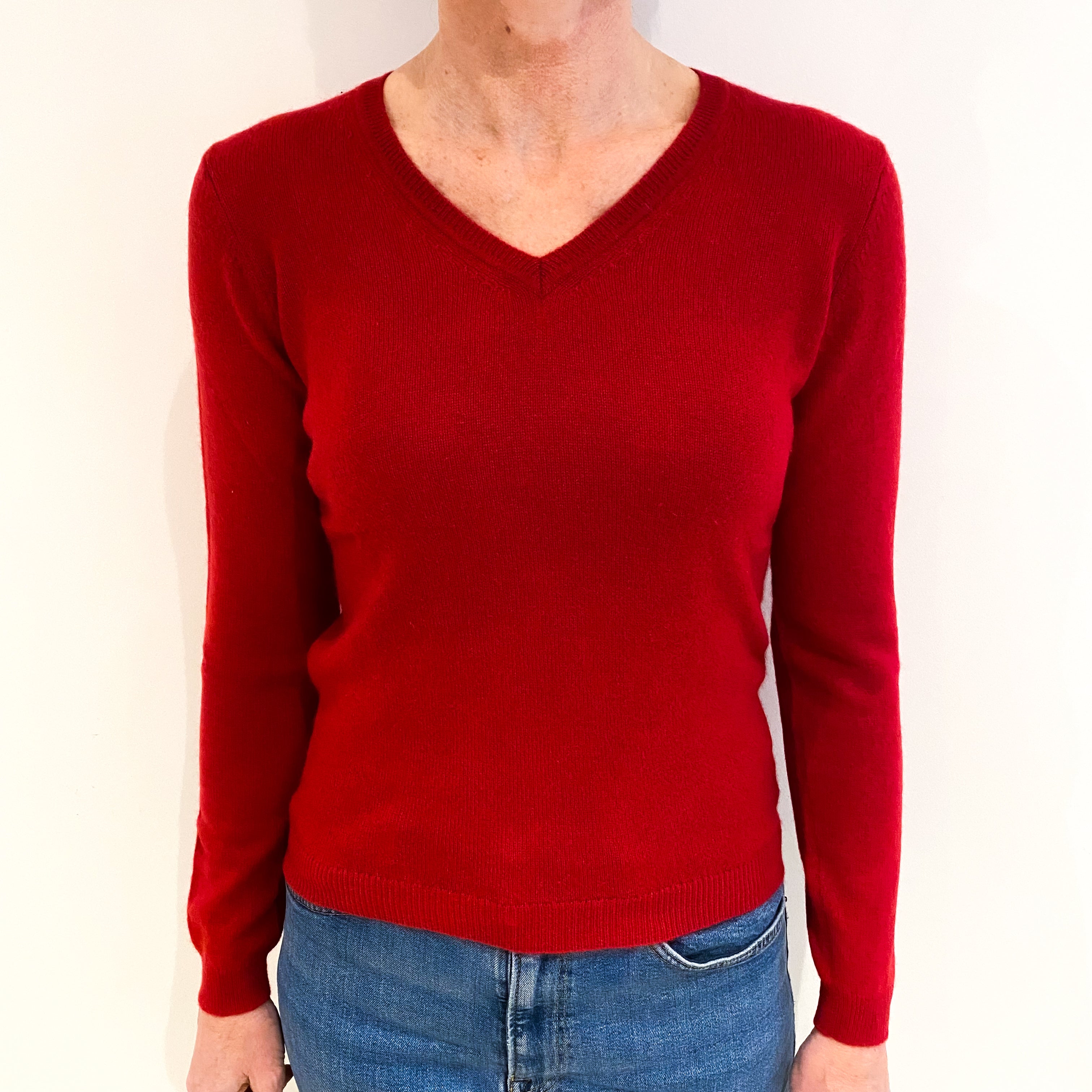 Post Box Red Cashmere V Neck Jumper Small