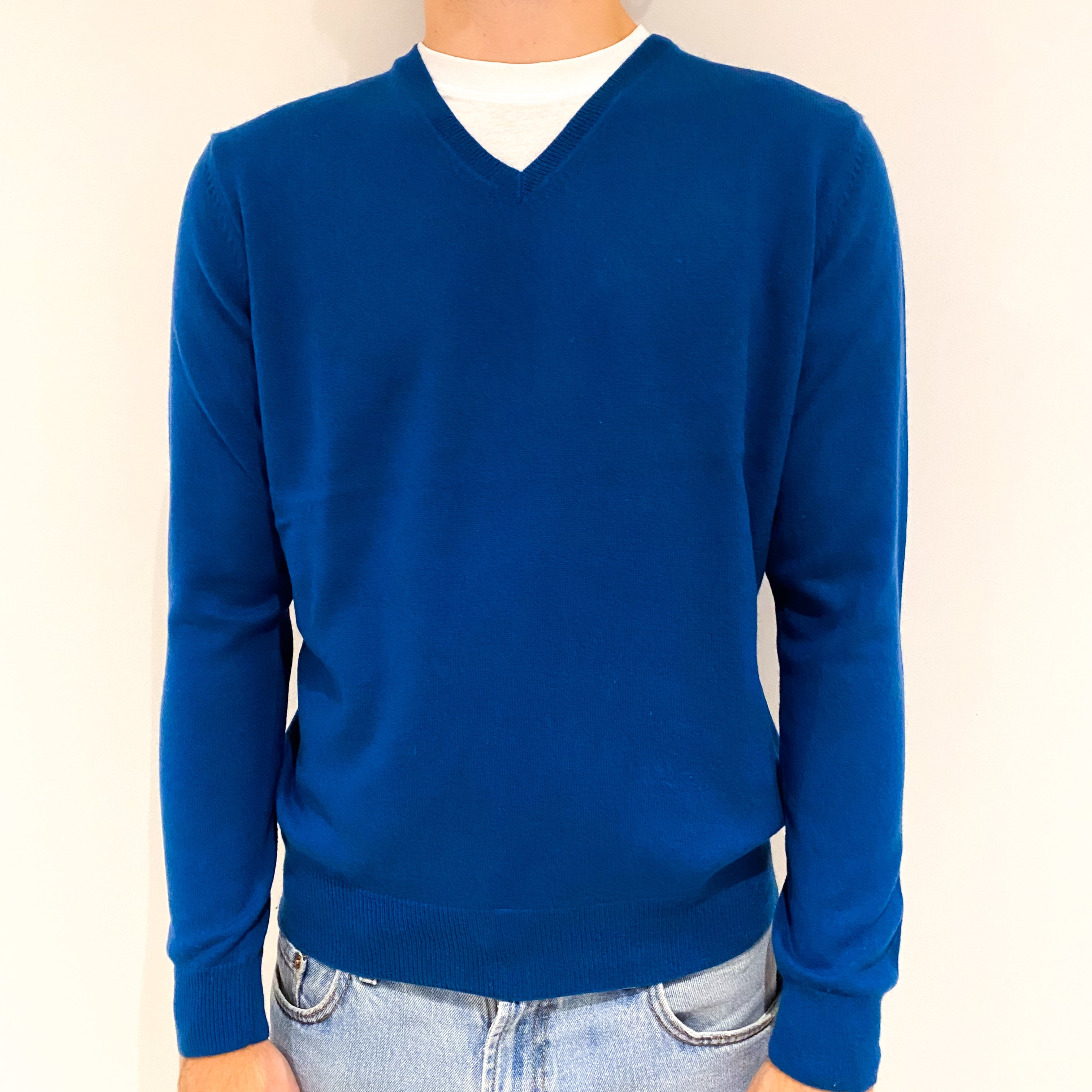 Men's Peacock Blue Cashmere V-Neck Jumper Large