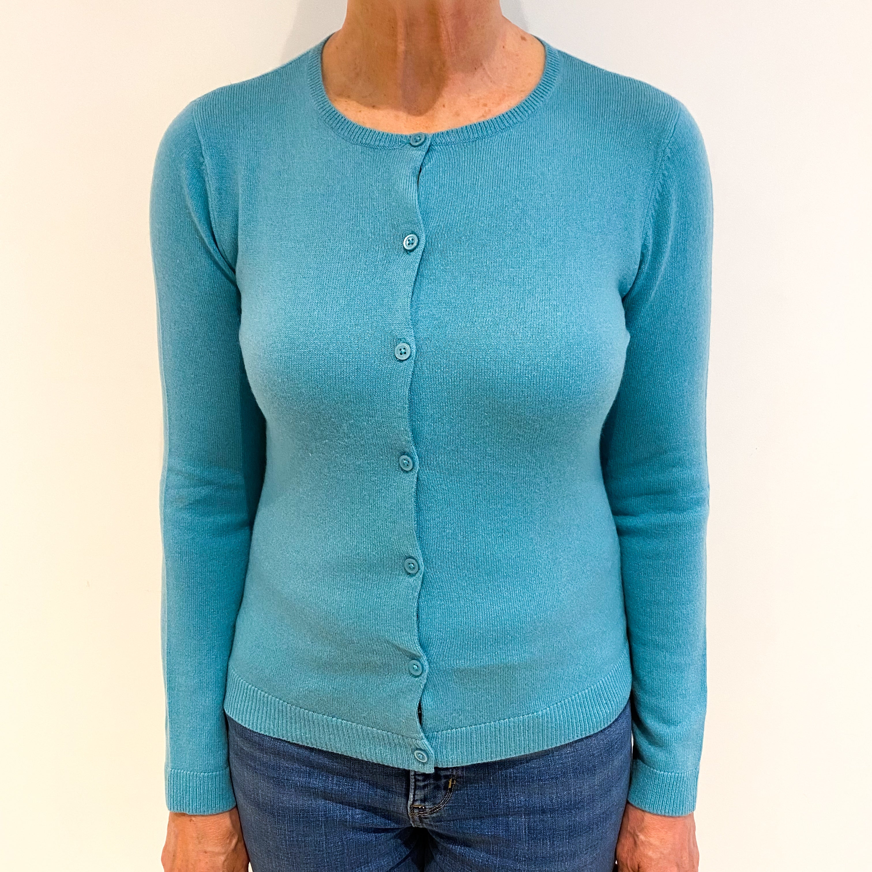 Aqua Blue Cashmere Crew Neck Cardigan Medium