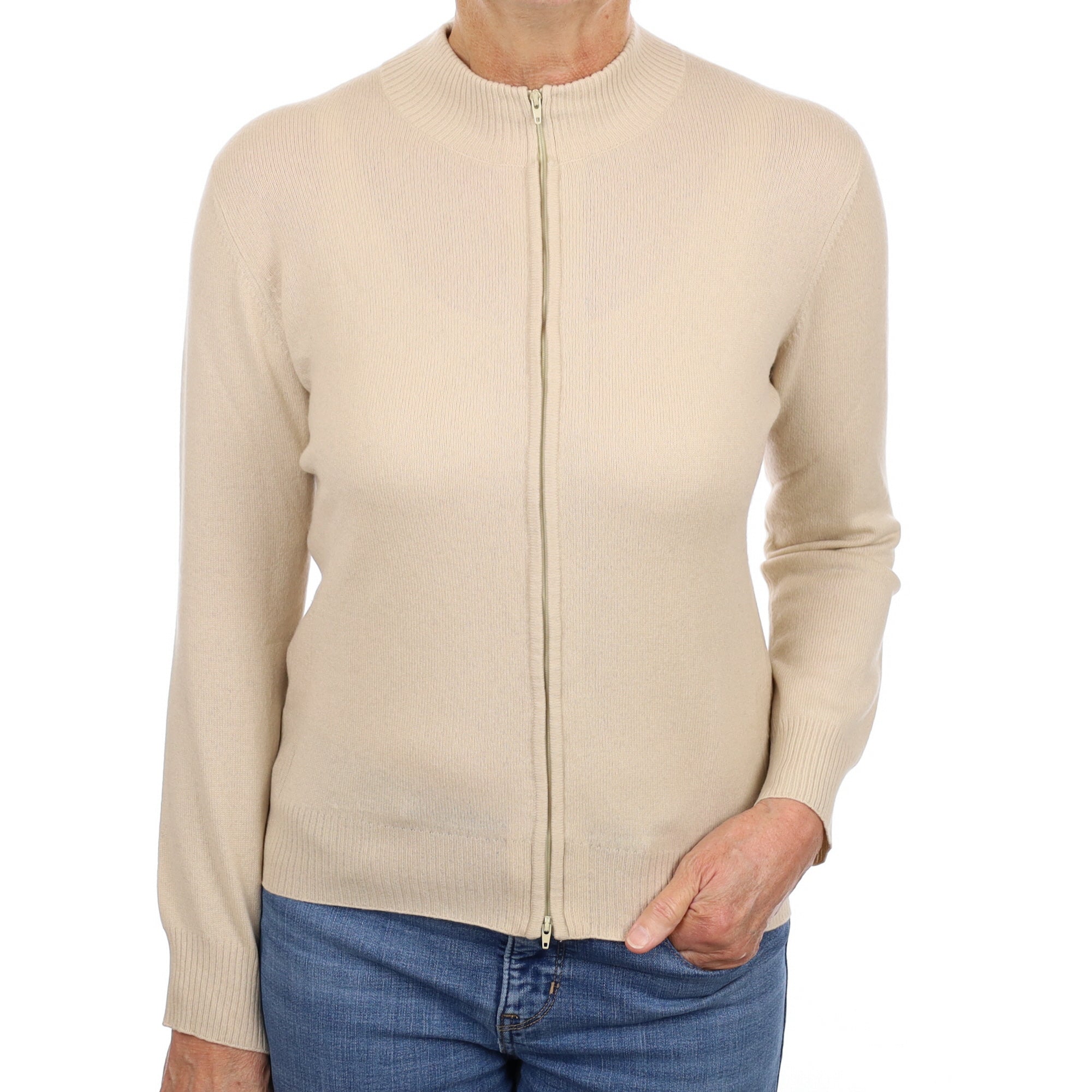 Soft Beige Cashmere Zip Up Turtle Neck Cardigan Medium