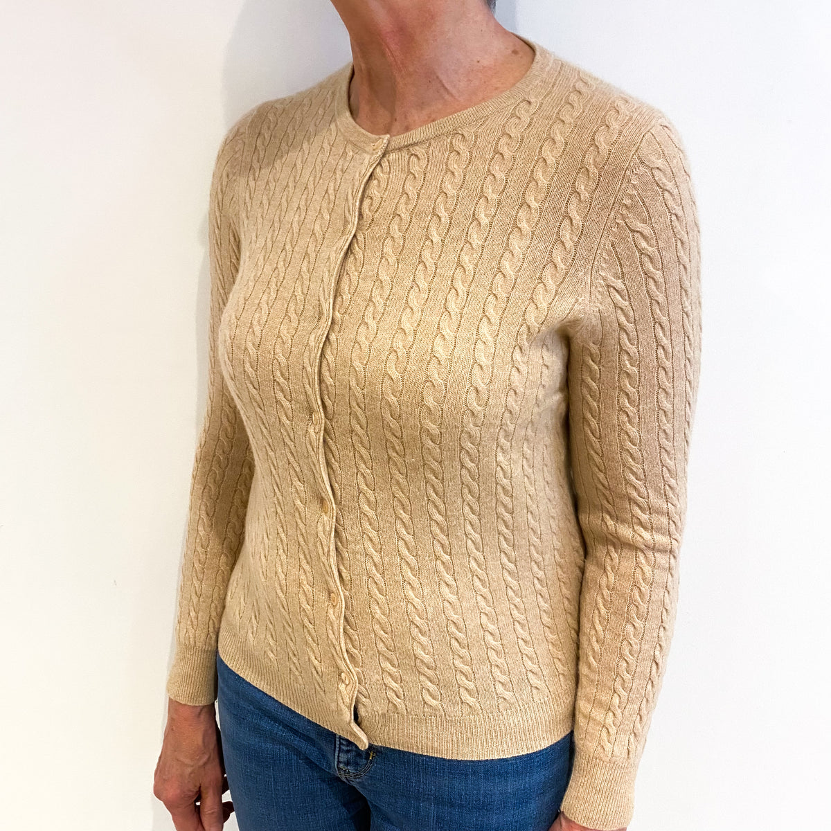 Sand Beige Cashmere Crew Neck Cable Knit Cardigan Medium