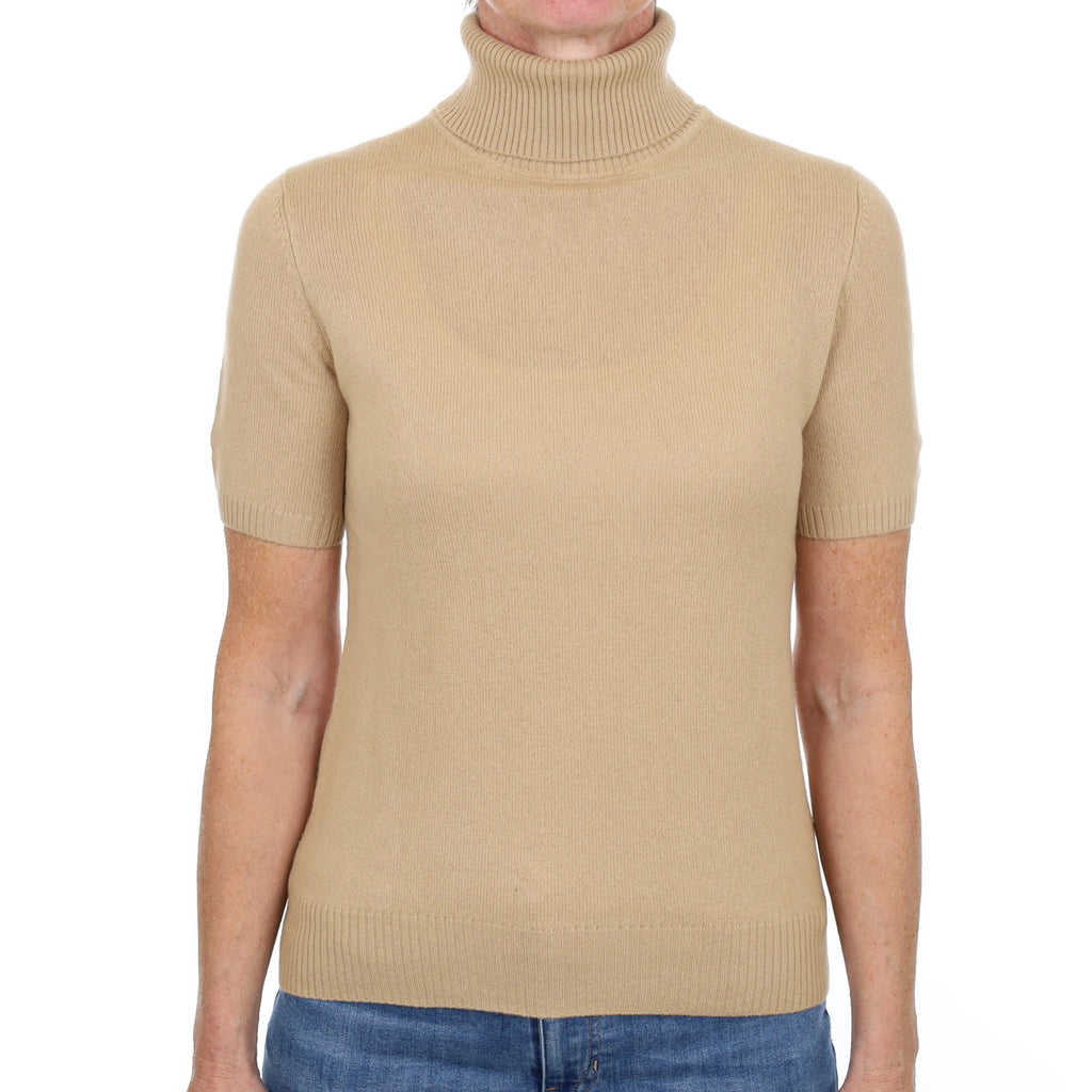 Caramel Brown Cashmere Polo Neck Short Sleeved Jumper Small