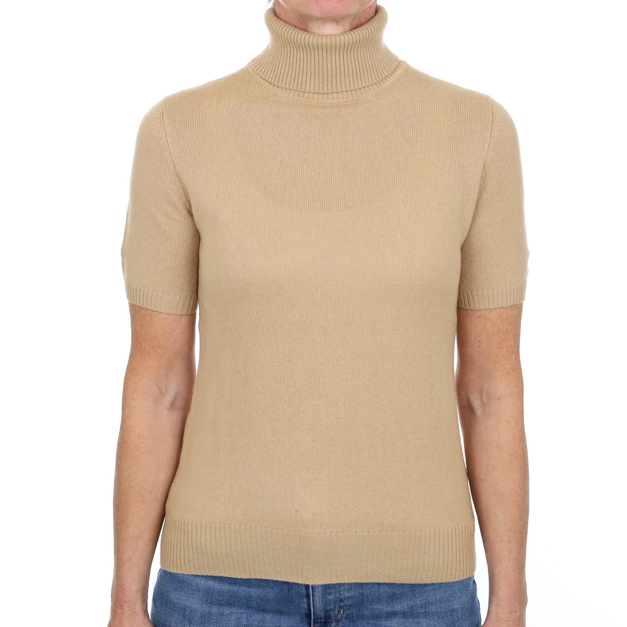Caramel Brown Cashmere Polo Neck Short Sleeved Jumper Small