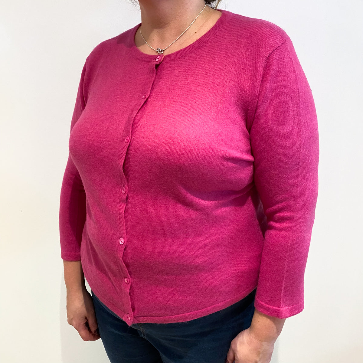 Fuchsia Pink Cashmere Crew Neck Cardigan Extra Large