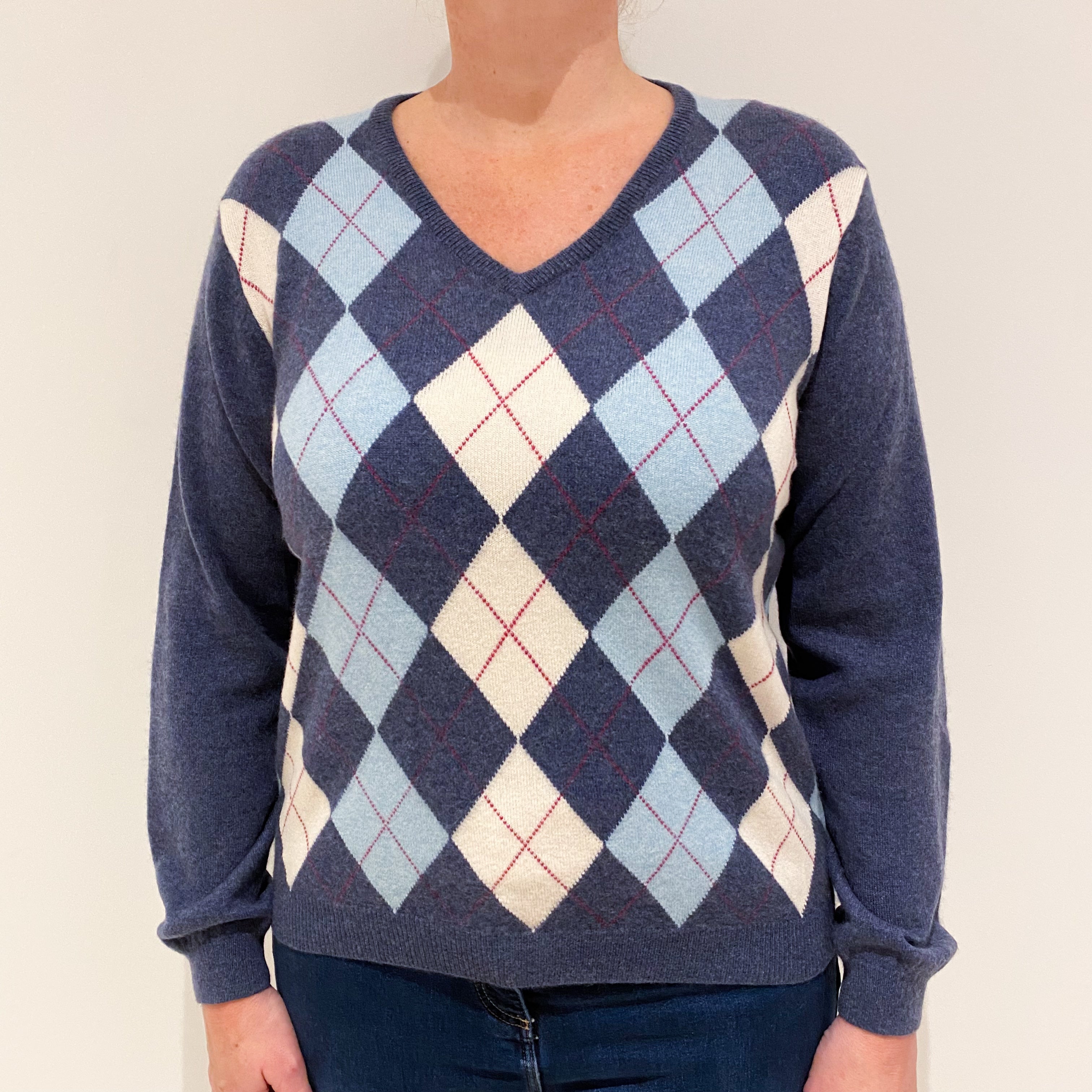 Denim Blue Cashmere V-Neck Jumper Large
