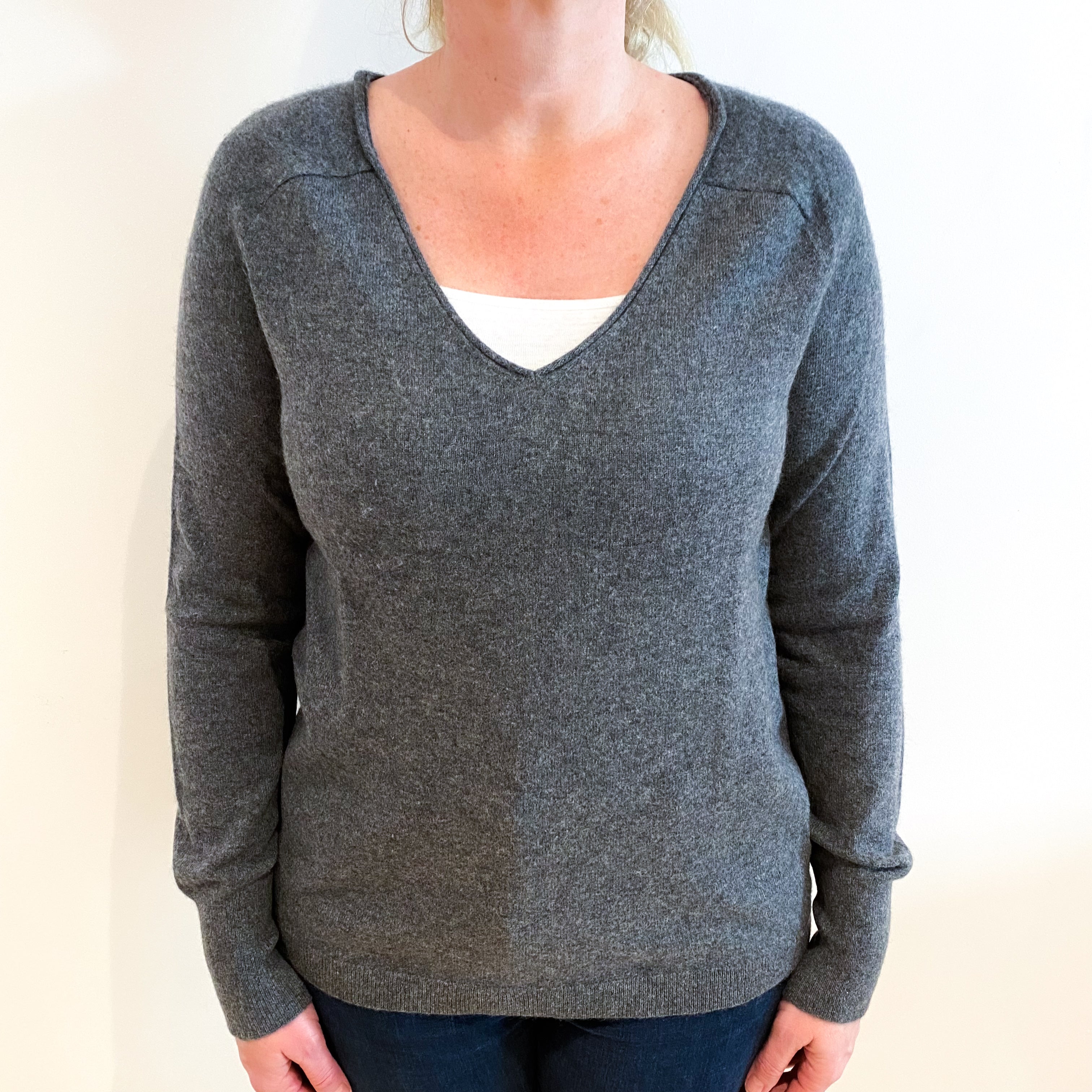 Slate Grey Cashmere V Neck Jumper Large