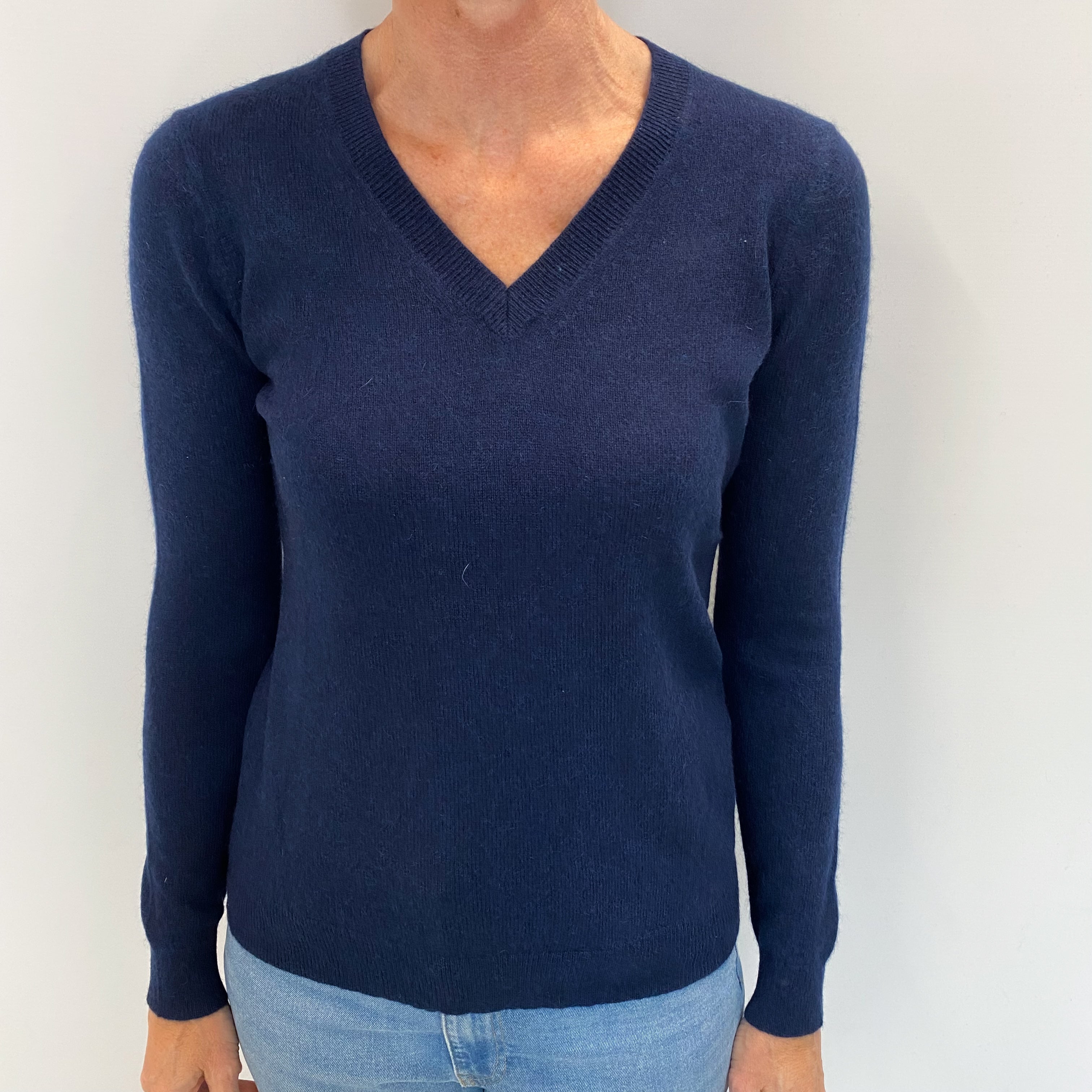 Navy Blue Cashmere V Neck Jumper Small