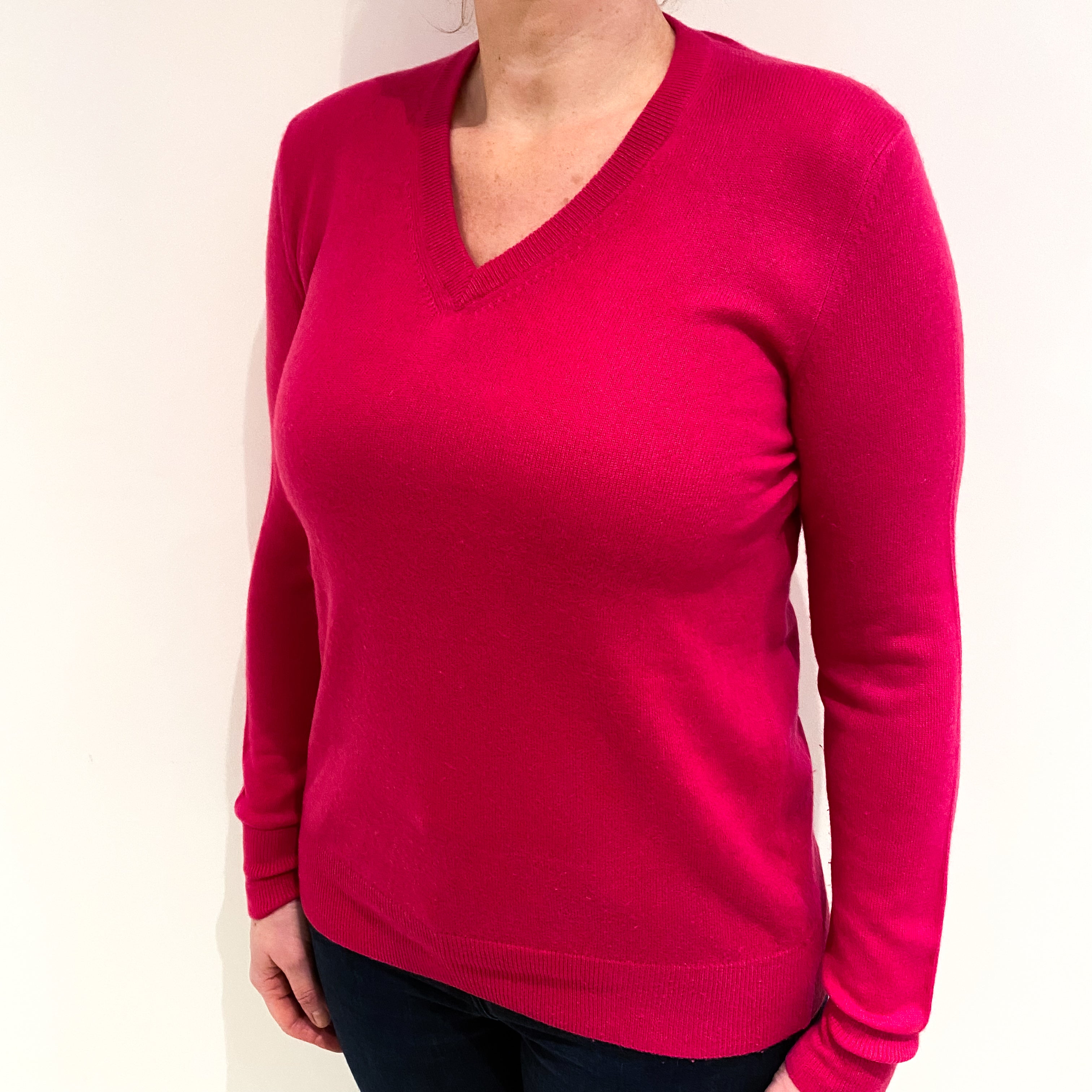 Fuchsia Pink Cashmere V Neck Jumper Large