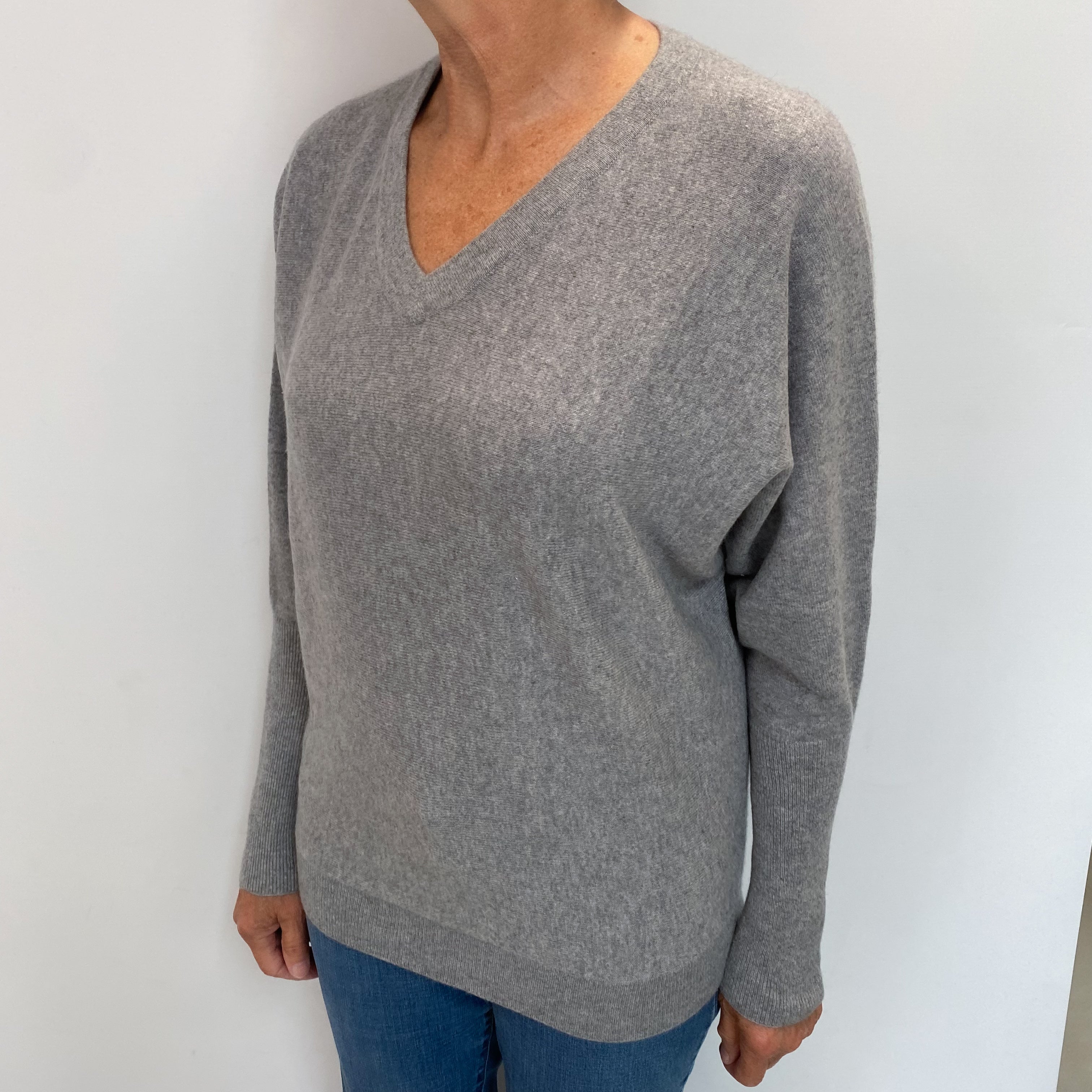 Smoke Grey Cashmere V Neck Jumper Medium