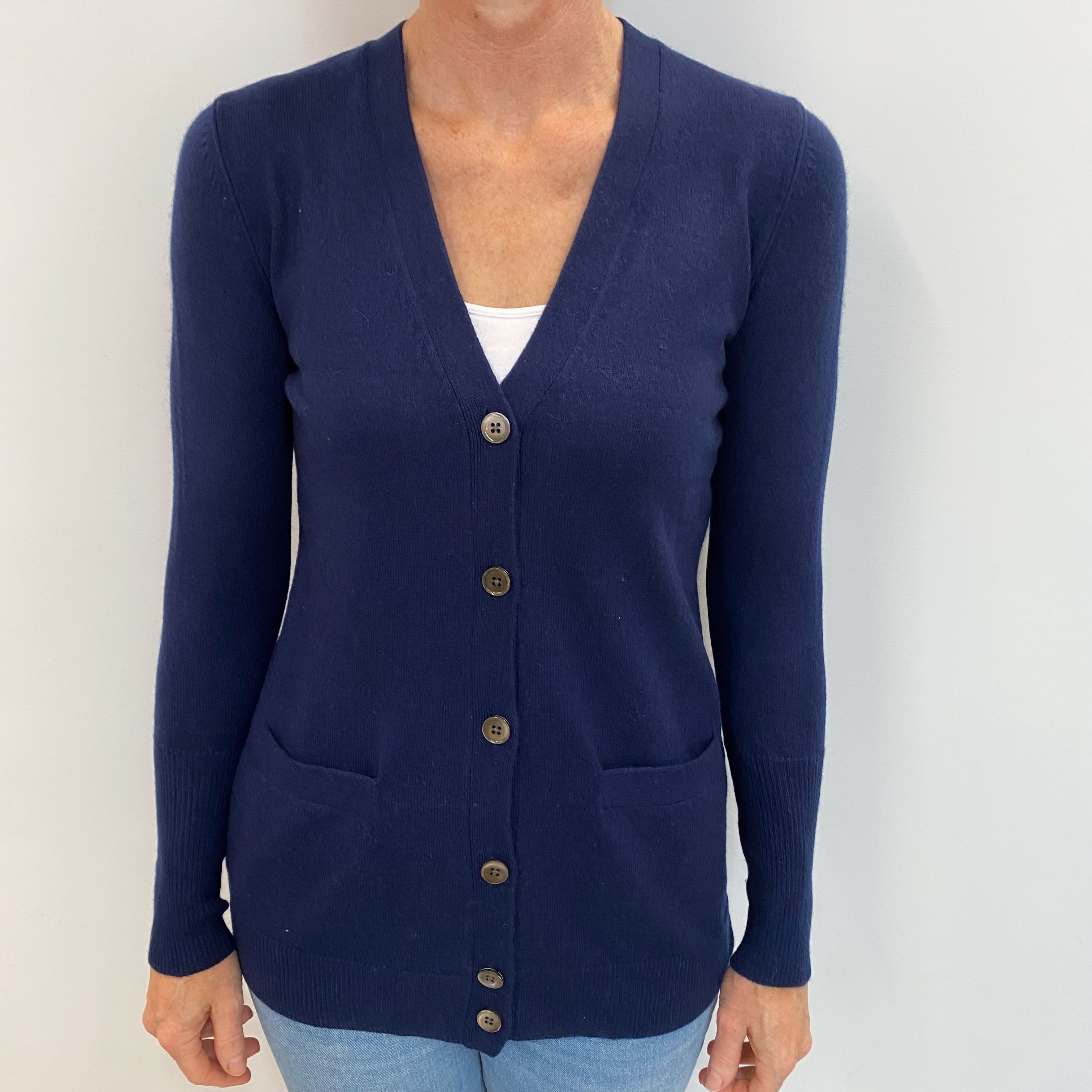 French Navy Cashmere V-Neck Cardigan Small