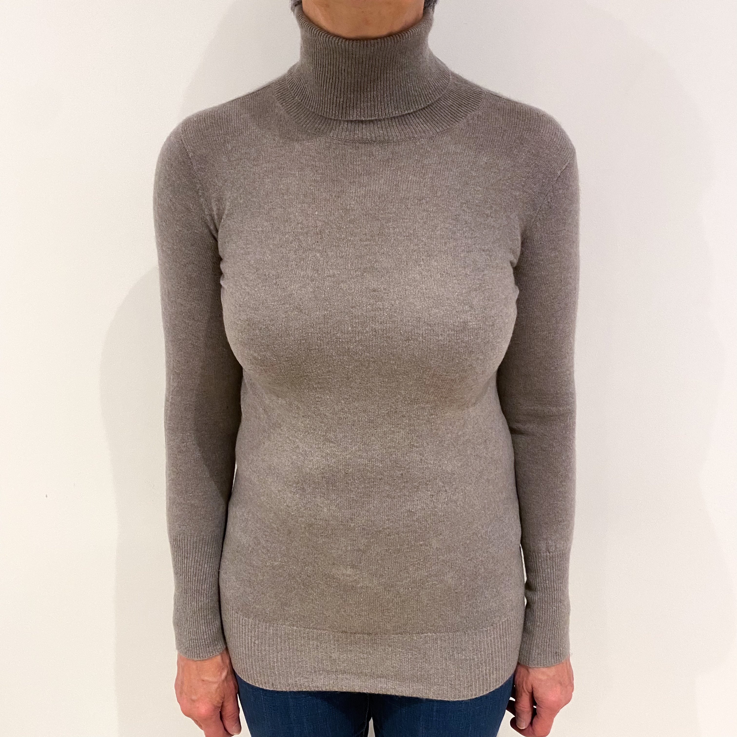 Mink Grey Cashmere Polo Neck Jumper Medium