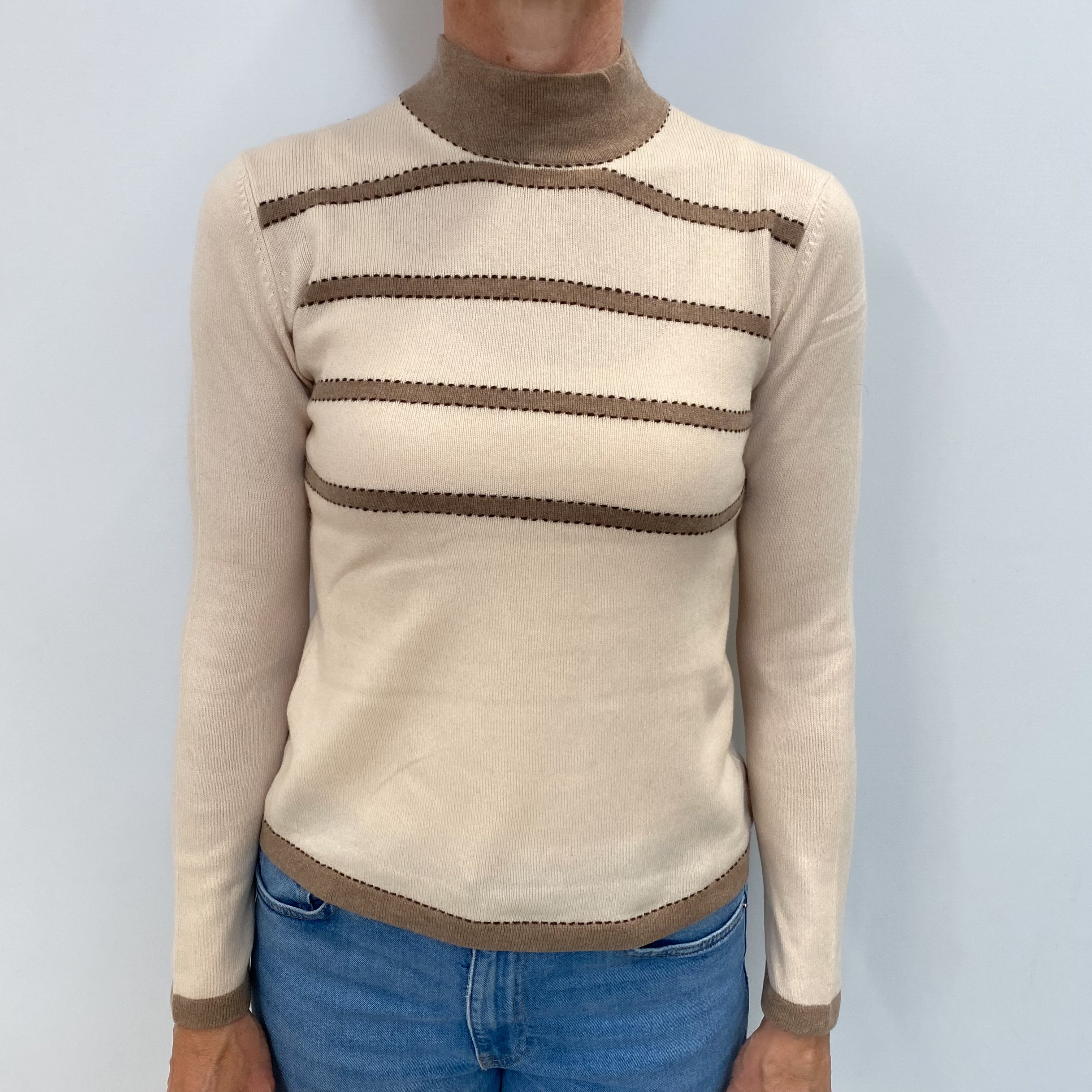 Honey And Mocha Striped Cashmere Polo Neck Jumper Small