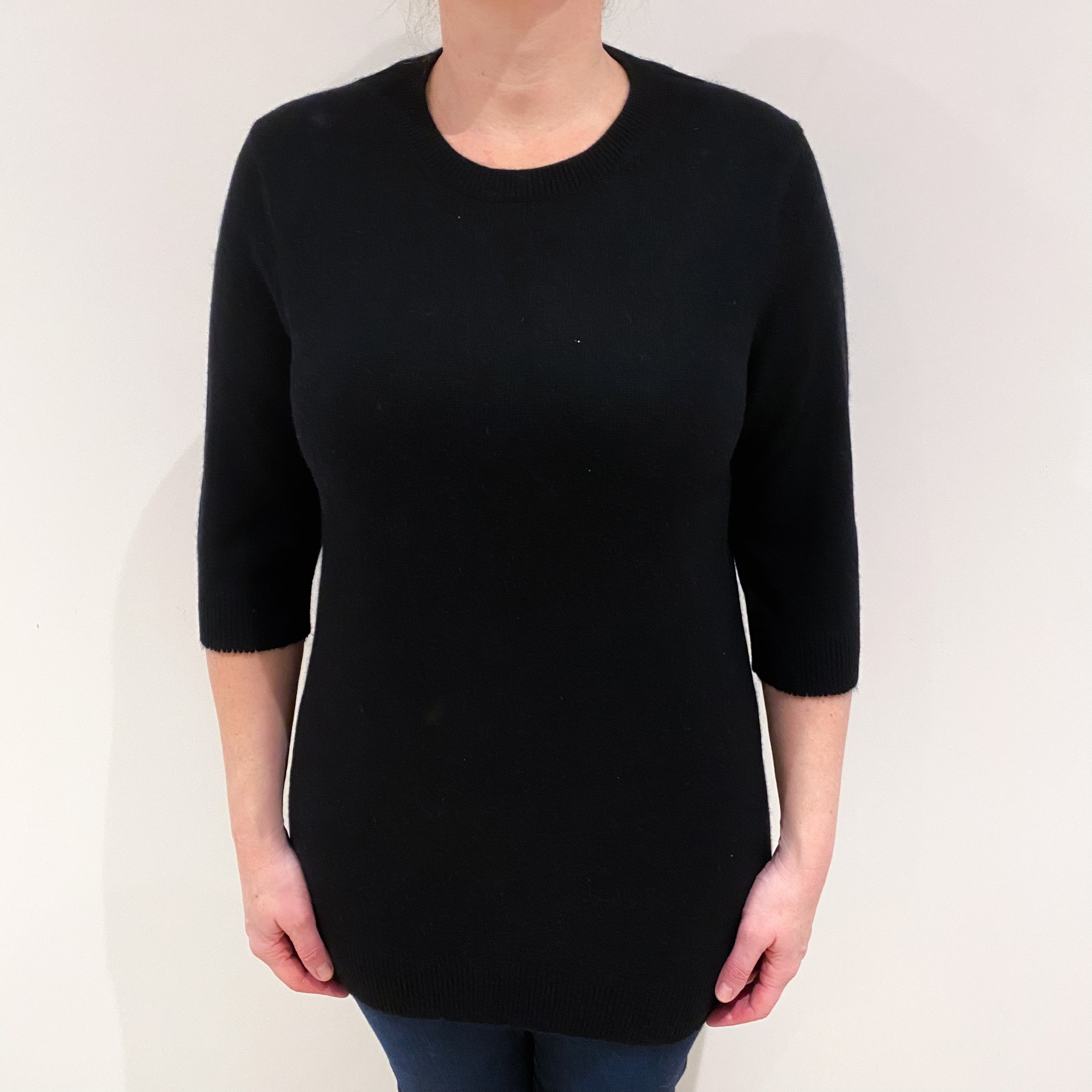 Black 1/2 Sleeve Cashmere Crew Neck Jumper Large