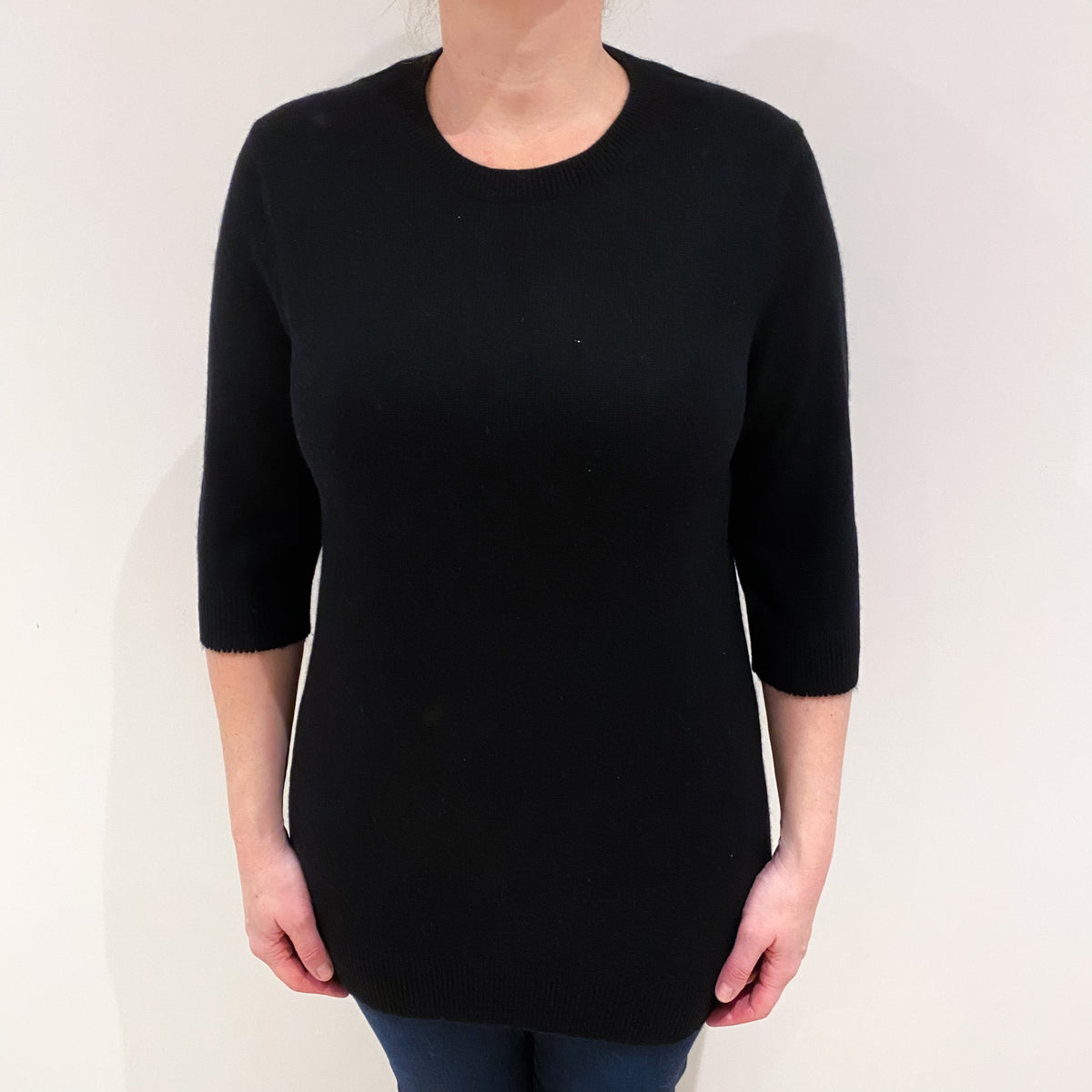 Black 1/2 Sleeve Cashmere Crew Neck Jumper Large