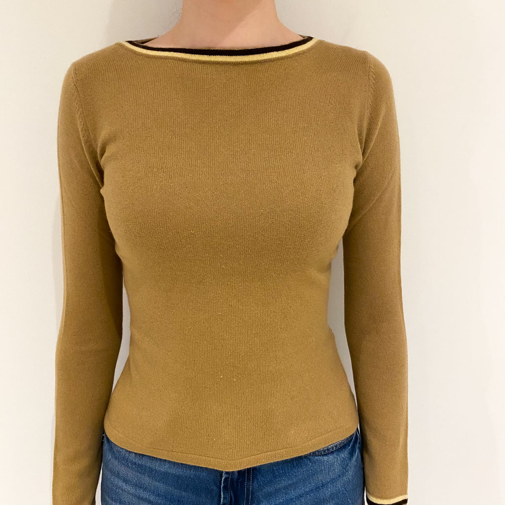 Camel Brown Trimmed Cashmere Crew Neck Jumper Extra Small