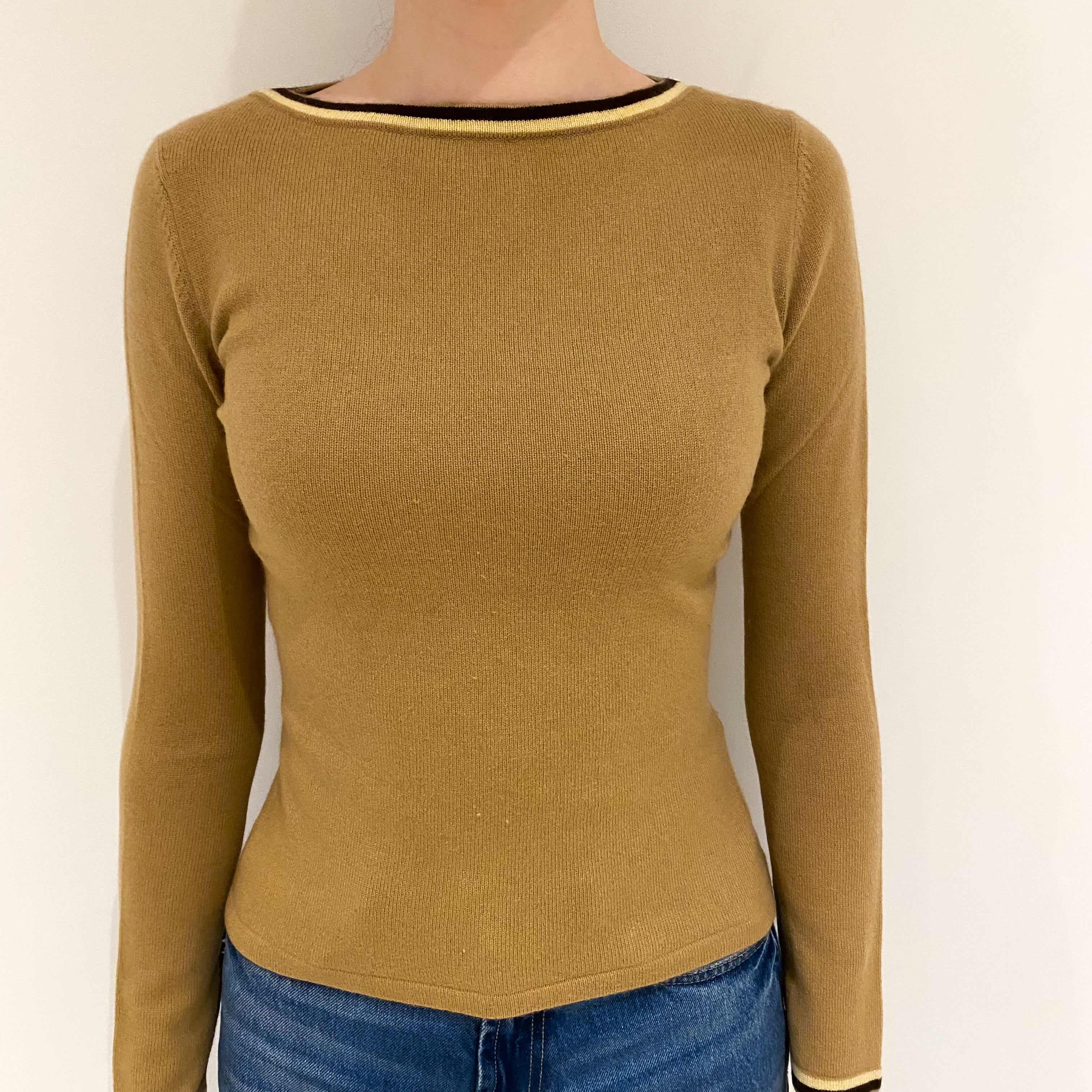 Camel Brown Trimmed Cashmere Crew Neck Jumper Extra Small