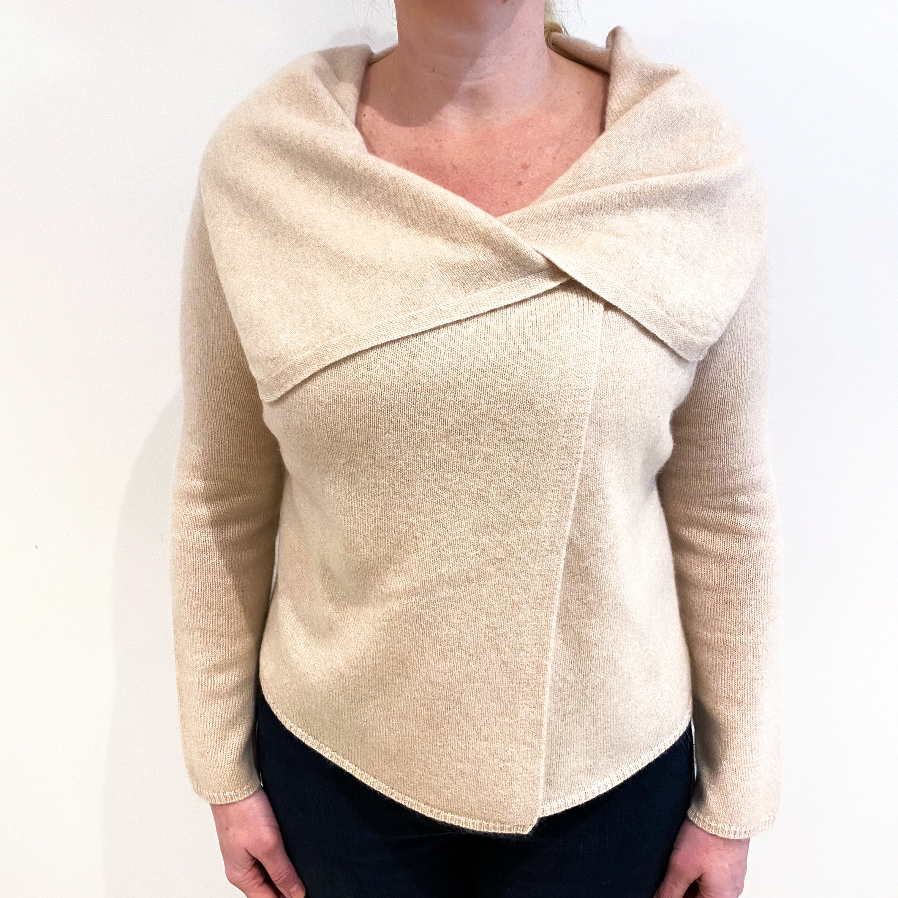 Buff Beige Cashmere Cross Over Cardigan With Collar Large