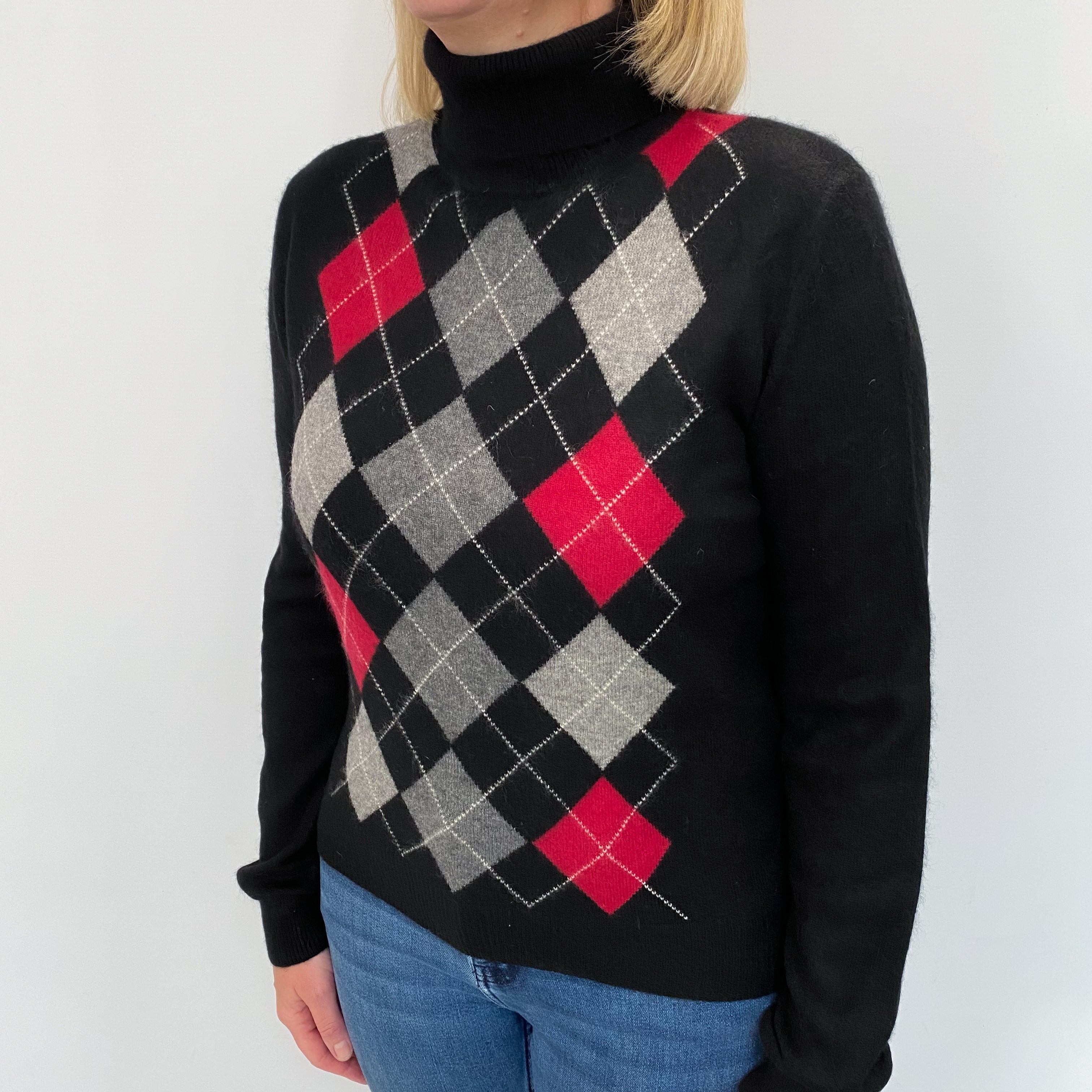 Black Argyle Cashmere Polo Neck Jumper Large