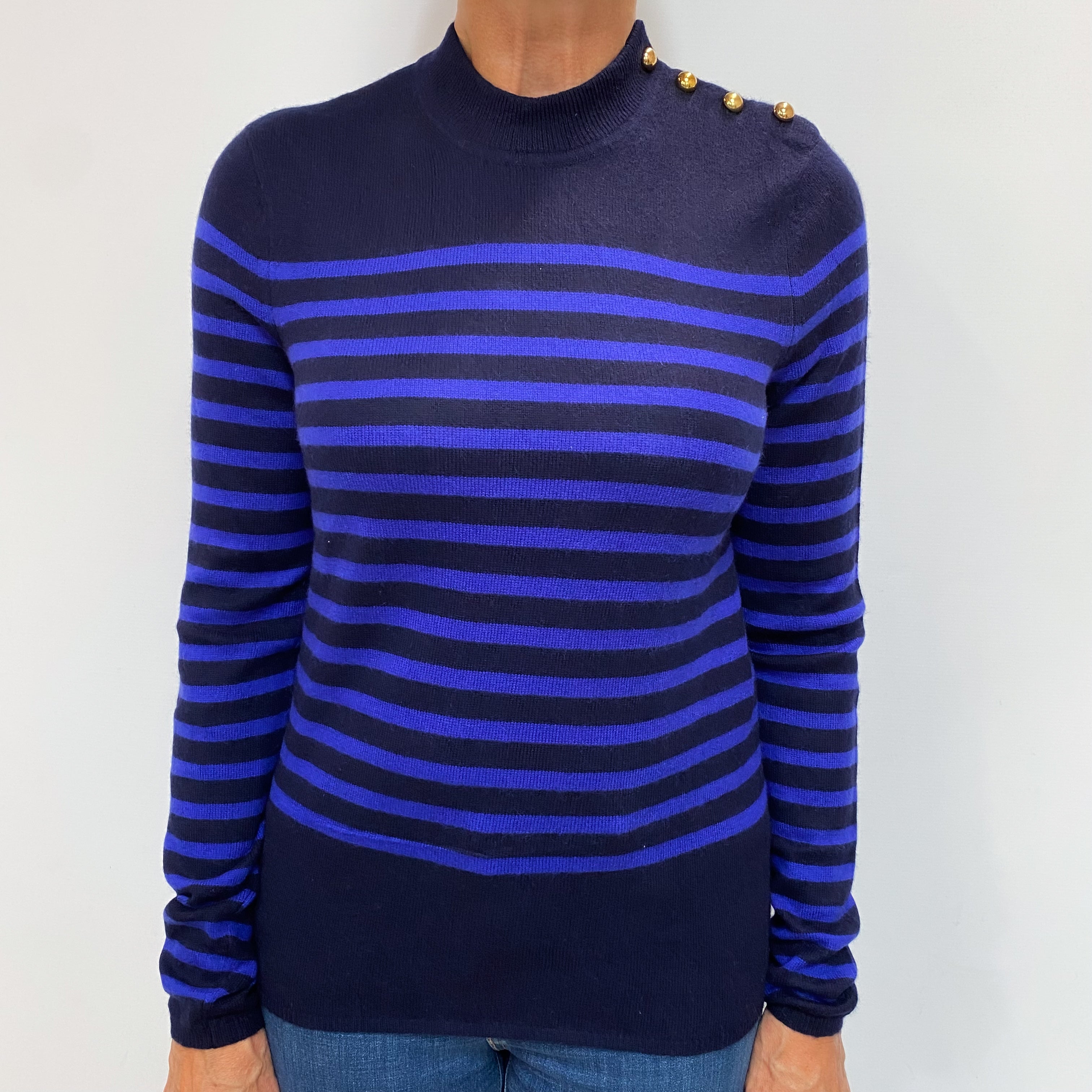 Navy And Colbalt Blue Stripe Cashmere Turtle Neck Jumper Medium