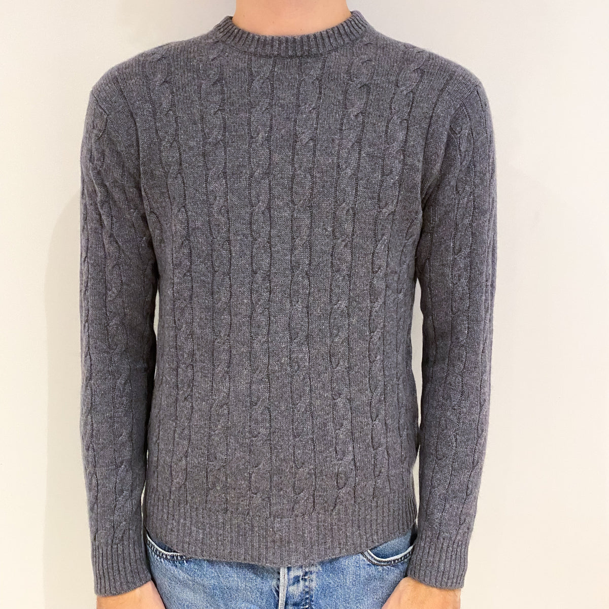 Men's Steel Grey Cable Cashmere Crew Neck Jumper Medium