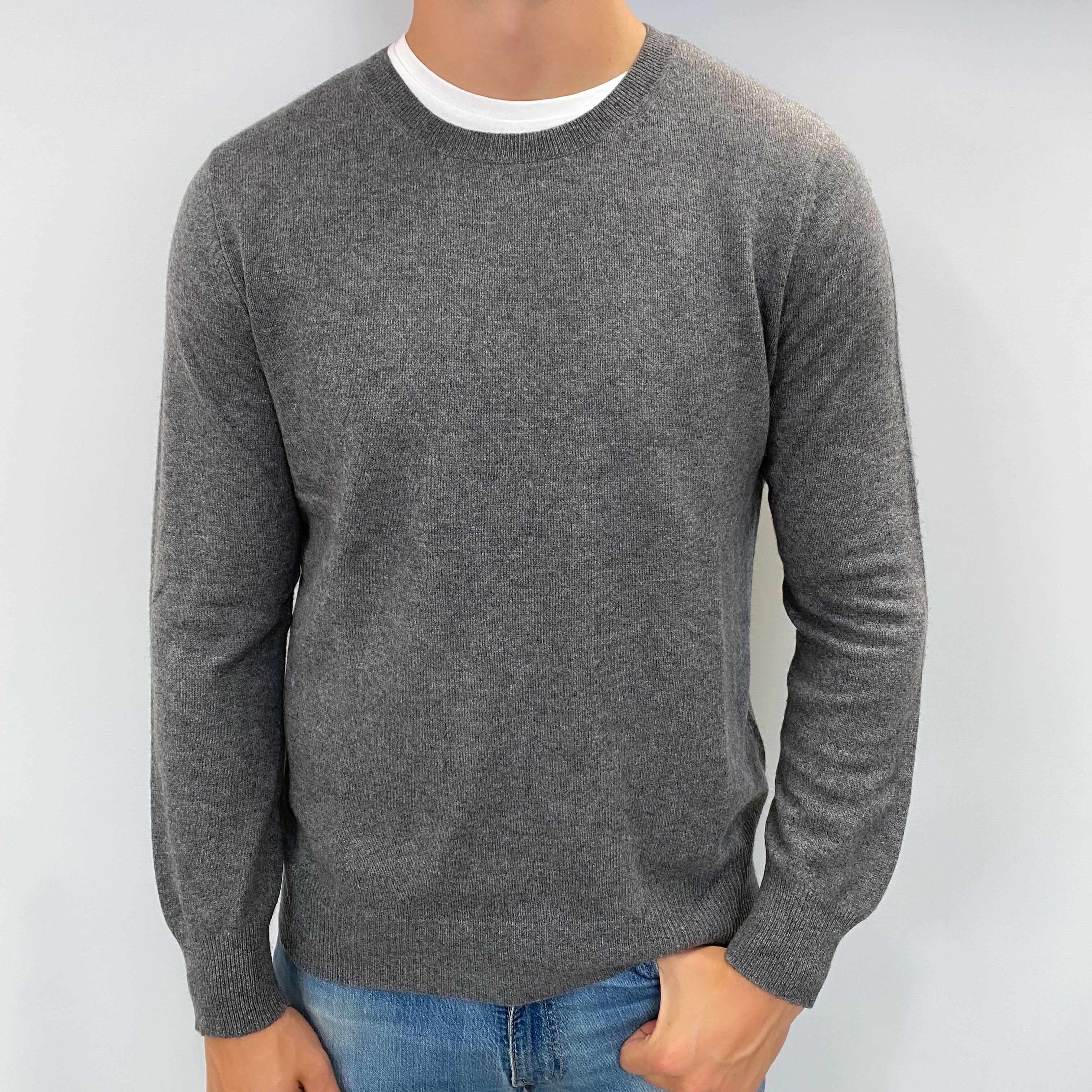 Men's Neiman Marcus Slate Grey Cashmere Crew Neck Jumper XL