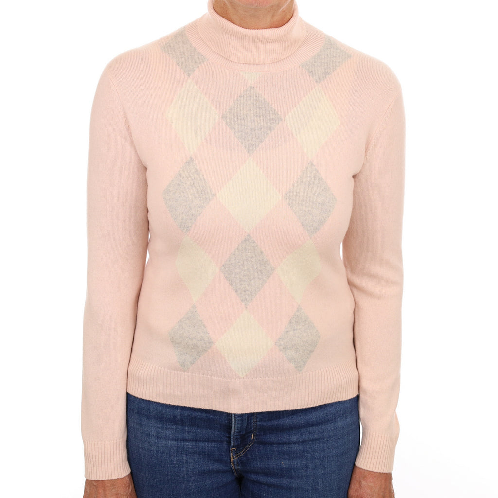 Blush Pink Argyle Cashmere Polo Neck Jumper Medium