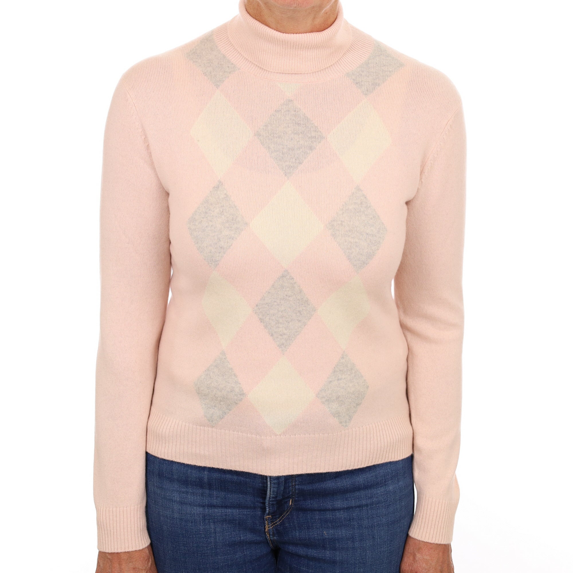 Blush Pink Argyle Cashmere Polo Neck Jumper Medium