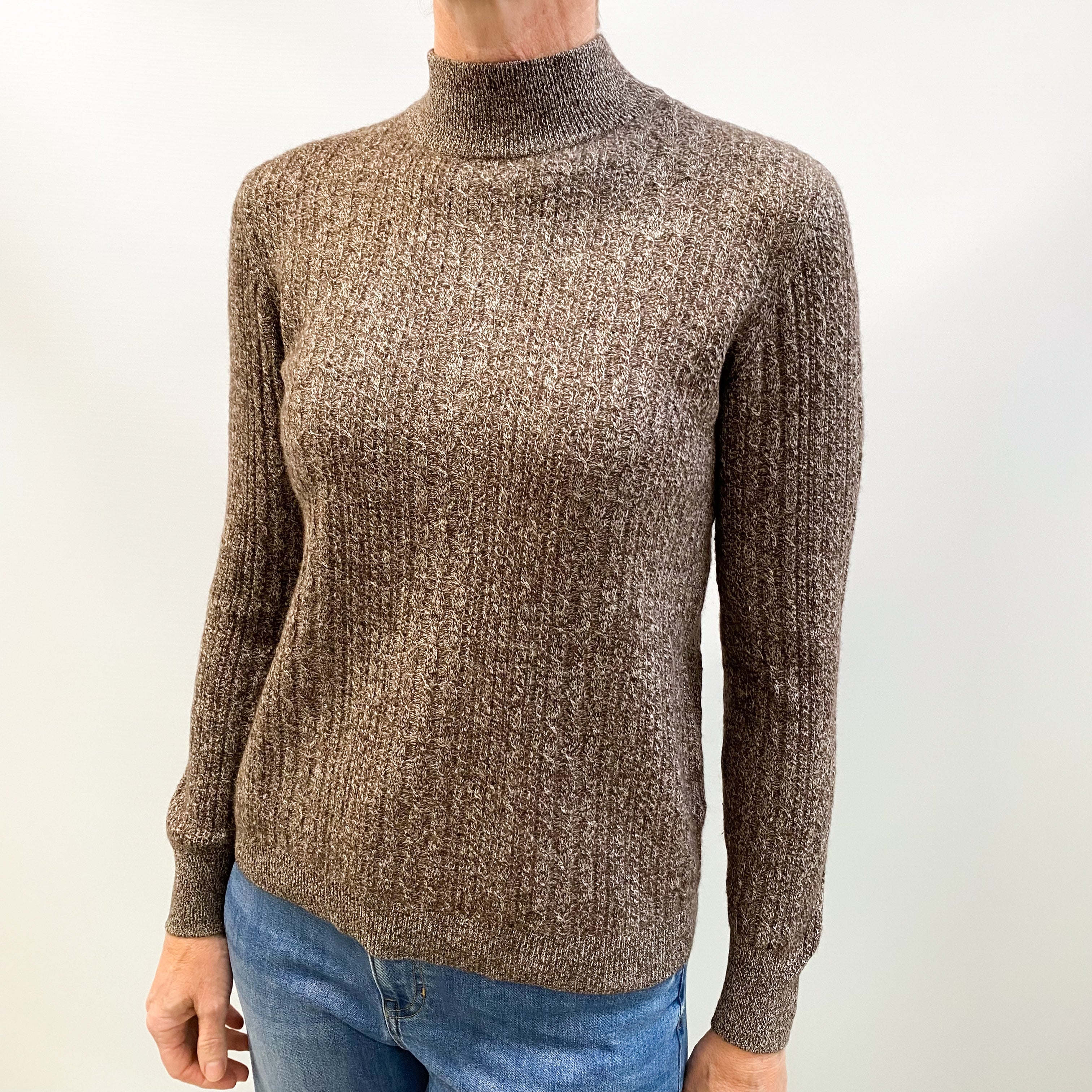 Dark Brown Marl Cashmere Turtle Neck Cable Knit Jumper Small